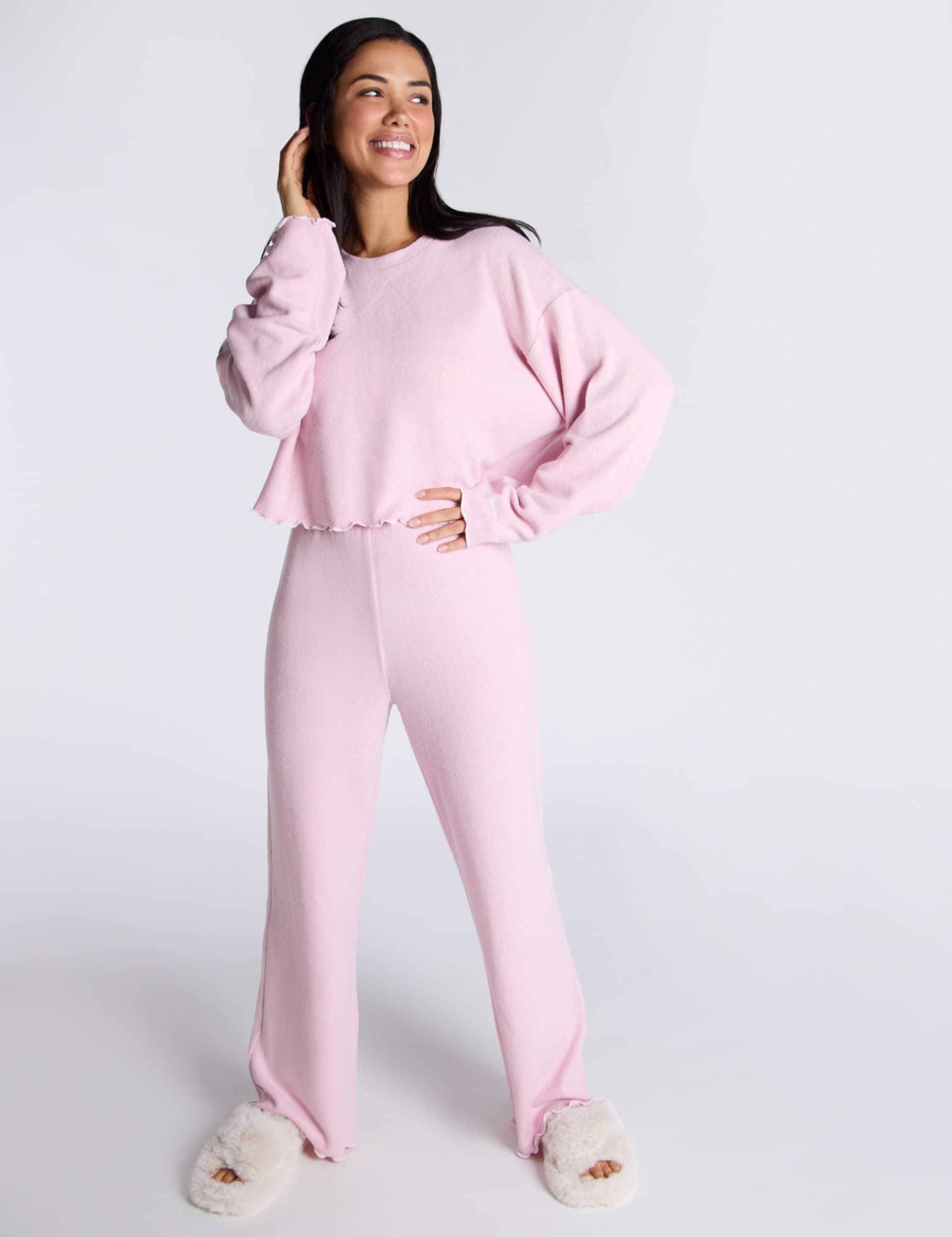 Boux Avenue Women's Fleece Lettuce Trim Pyjama Set - 10 - Pink, Pink