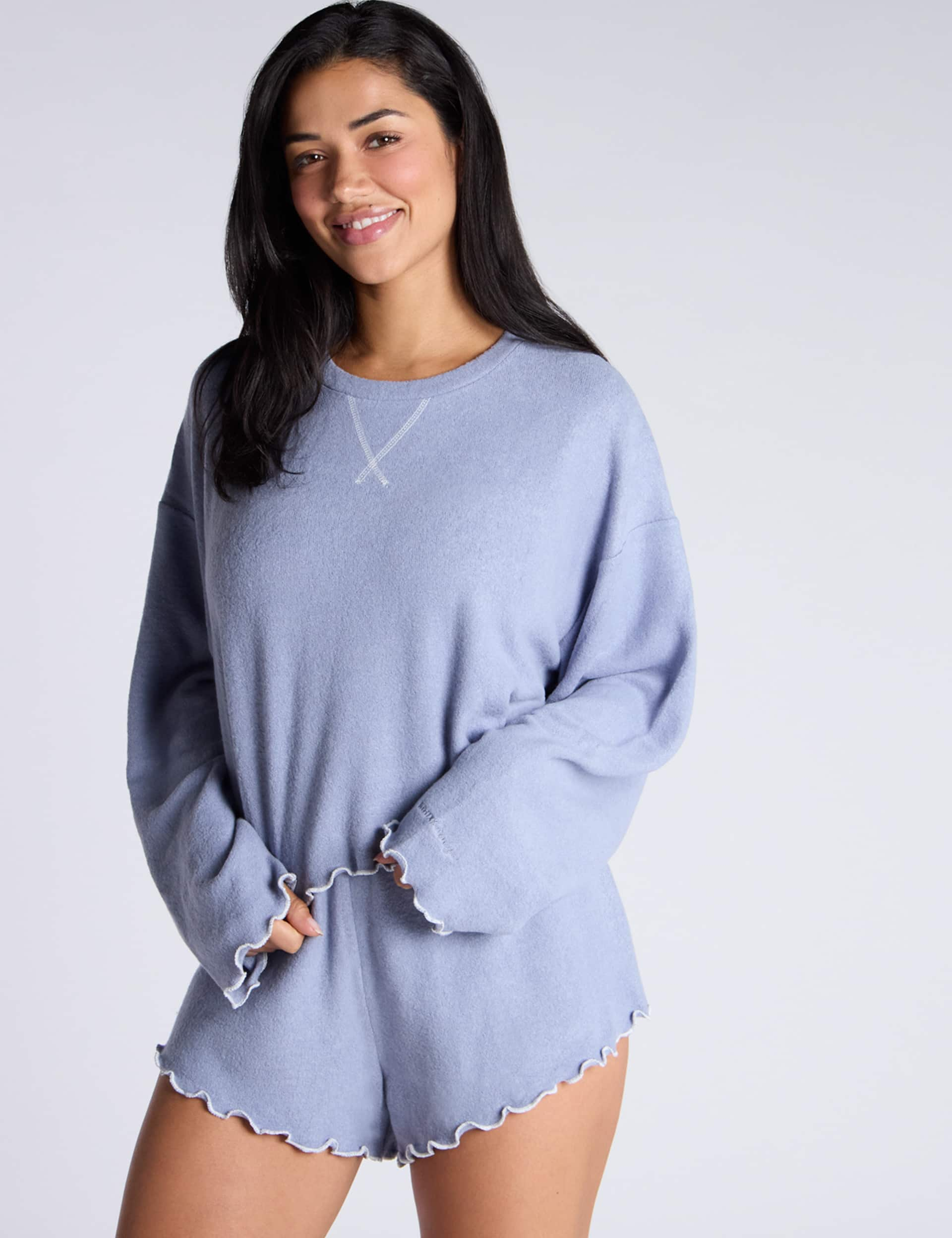 Boux Avenue Women's Fleece Lettuce Hem Shortie Set - 10 - Blue, Blue