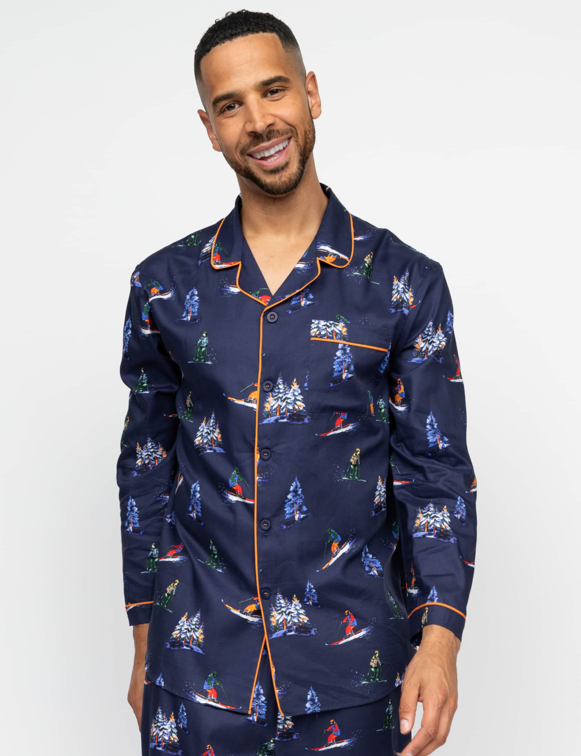 Cyberjammies Men's Cotton Modal Blend Ski Print Pyjama Top - Navy Mix, Navy Mix