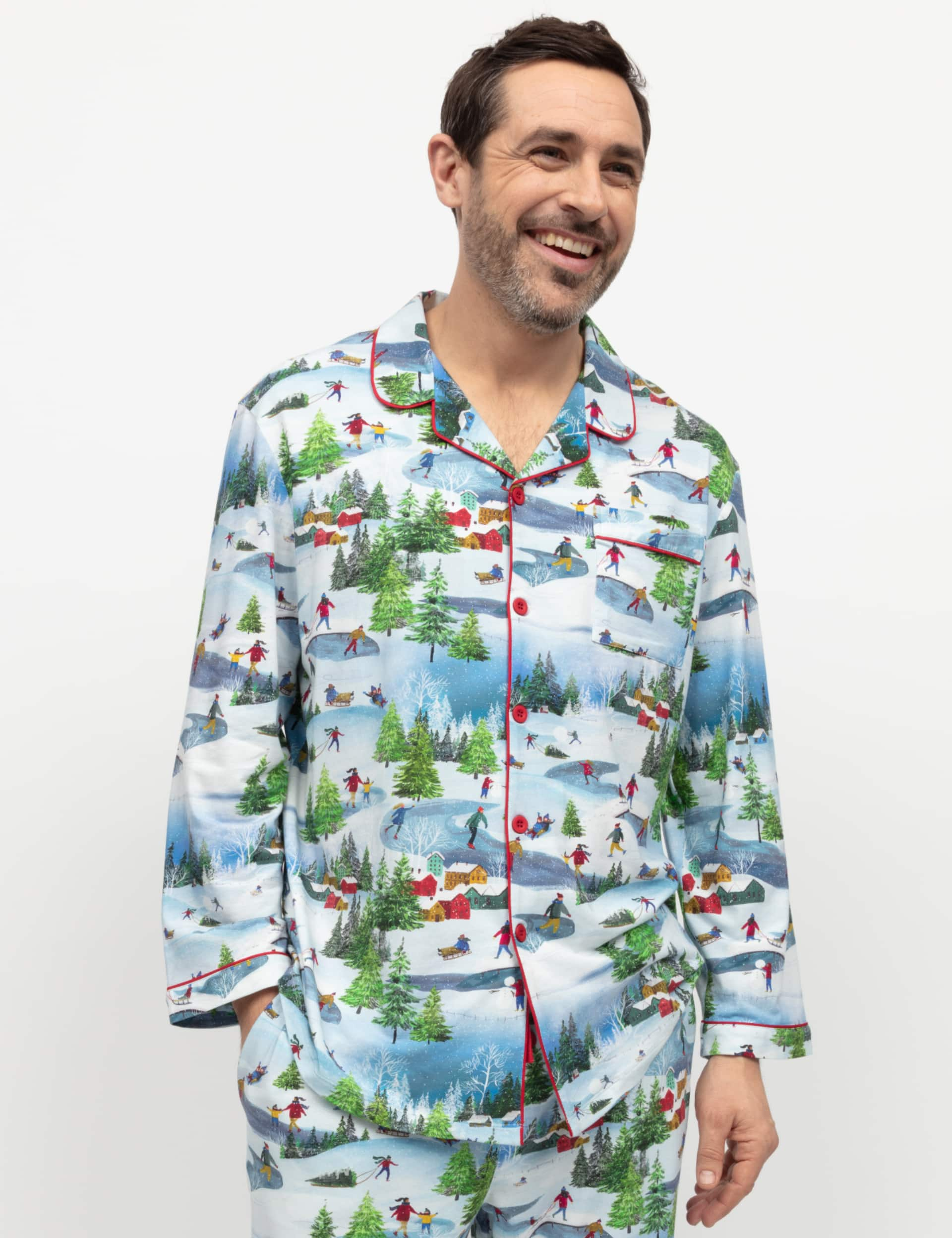 Cyberjammies Men's Cotton Modal Blend Winter Scene Pyjama Top - White Mix, White Mix