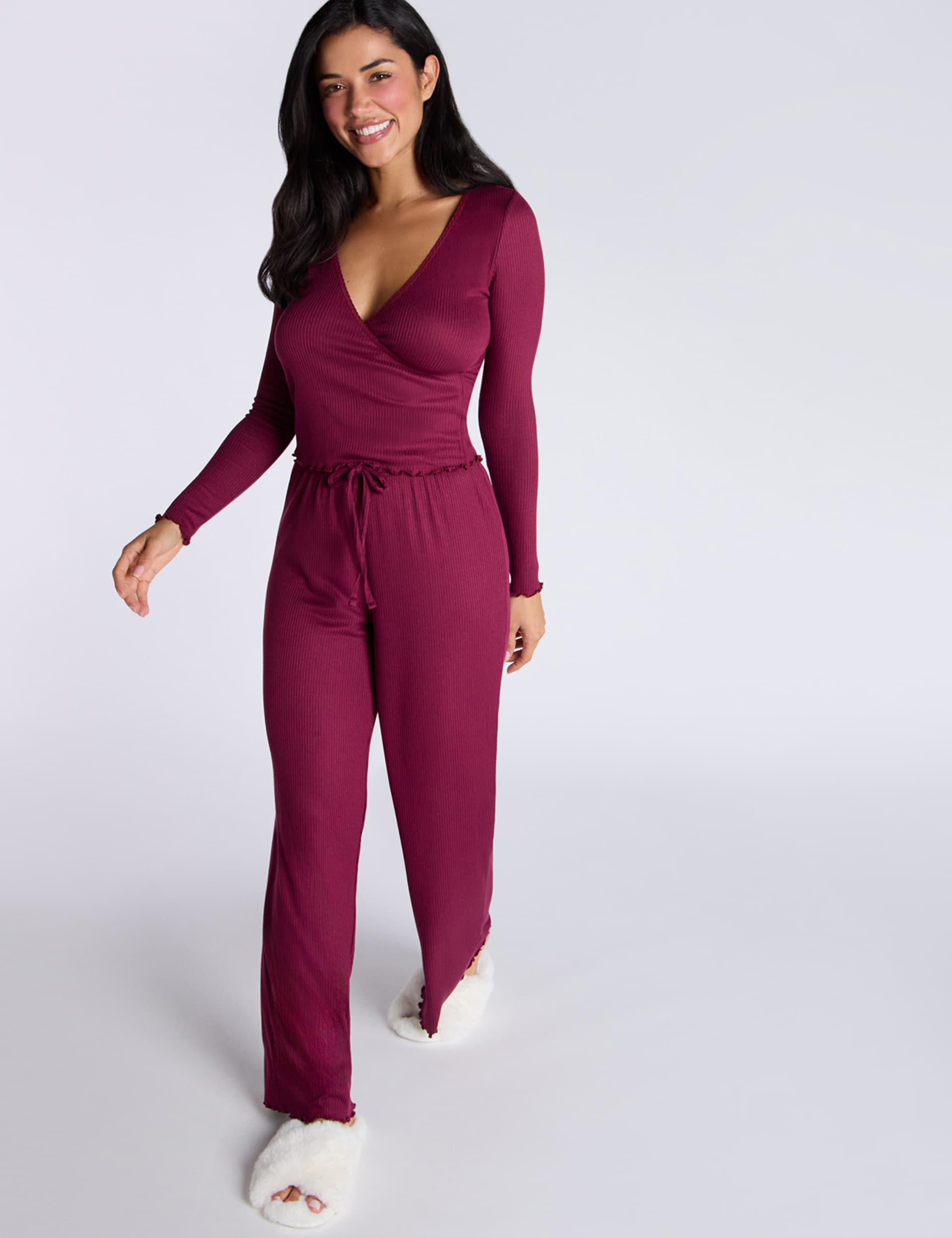 Boux Avenue Women's Ribbed Pyjama Set - 12 - Dark Red, Grey Mix,Dark Red