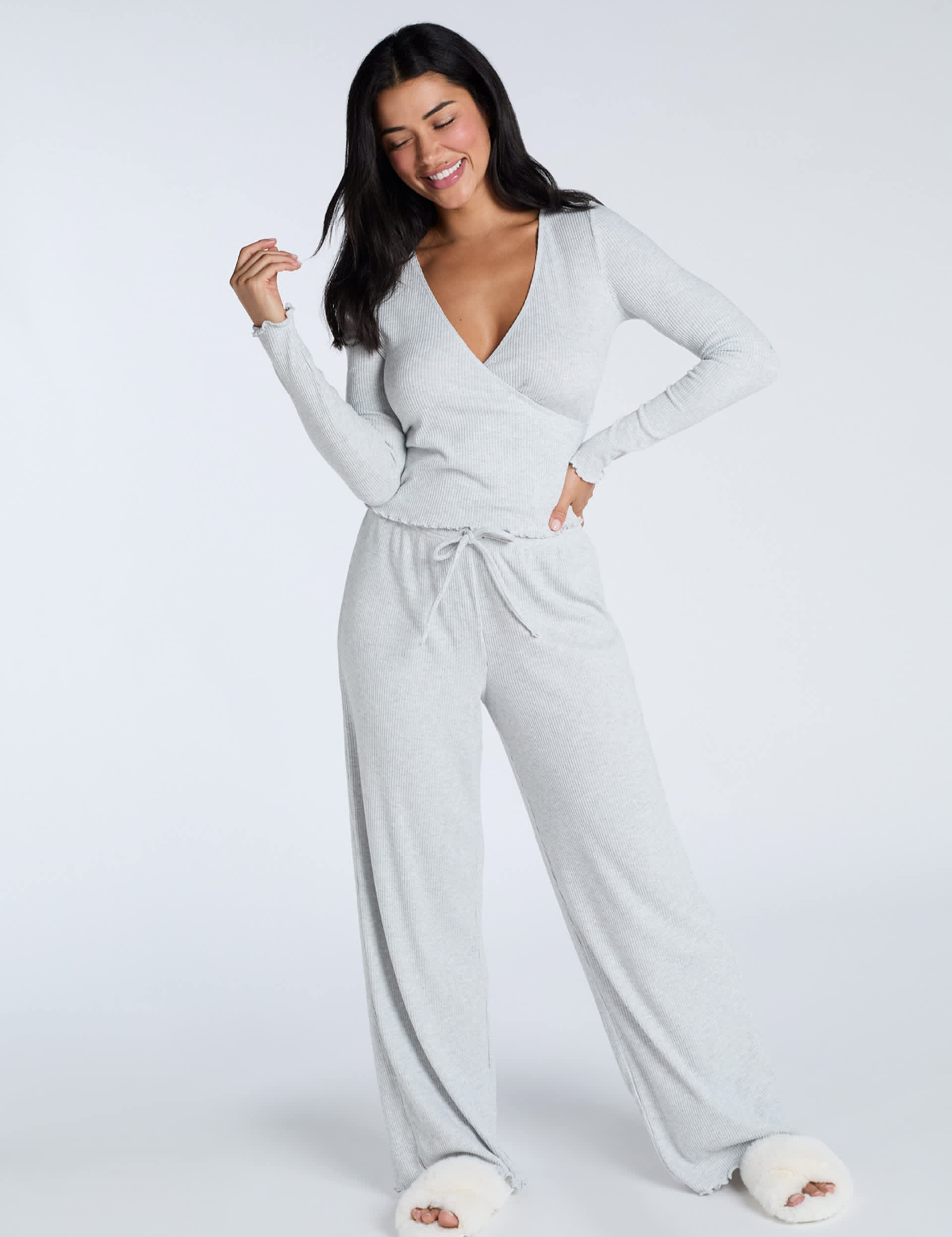 Boux Avenue Women's Ribbed Pyjama Set - 12 - Grey Mix, Grey Mix,Dark Red