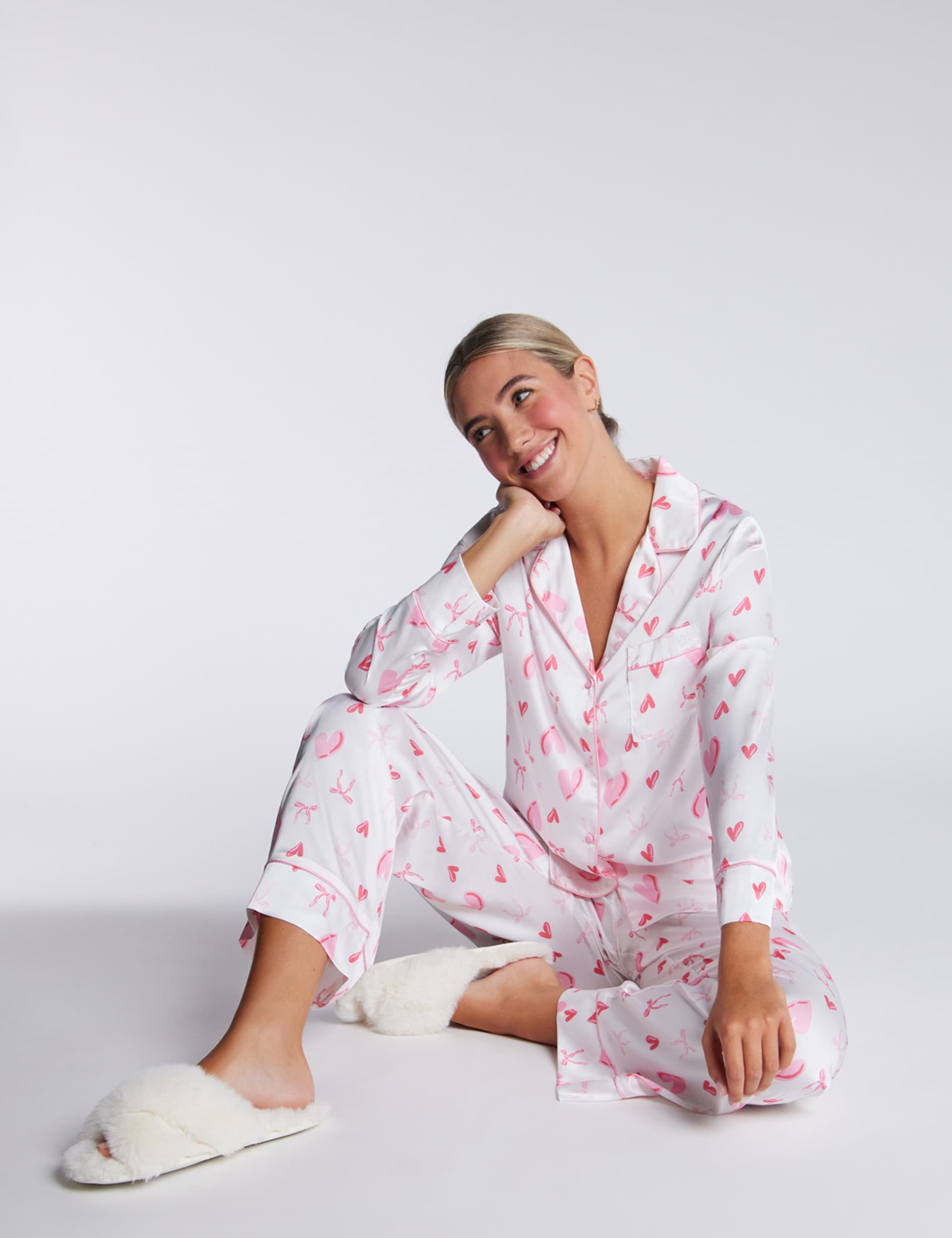 Boux Avenue Women's Satin Valentines Heart Print Pyjama Set - 14 - Ivory Mix, Ivory Mix