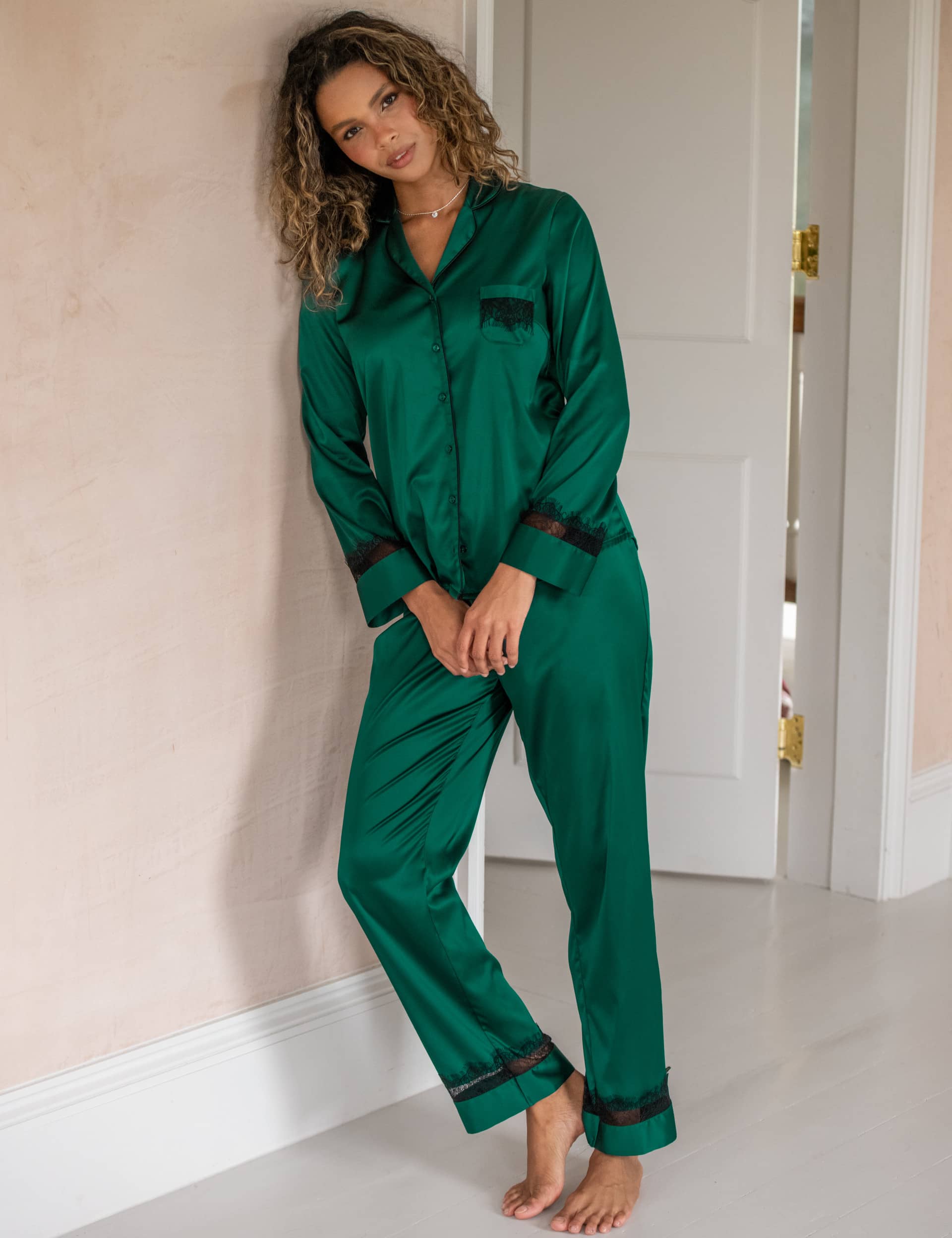 Pour Moi Women's Satin Lace Pyjama Set - 12 - Green, Black,Berry,Green