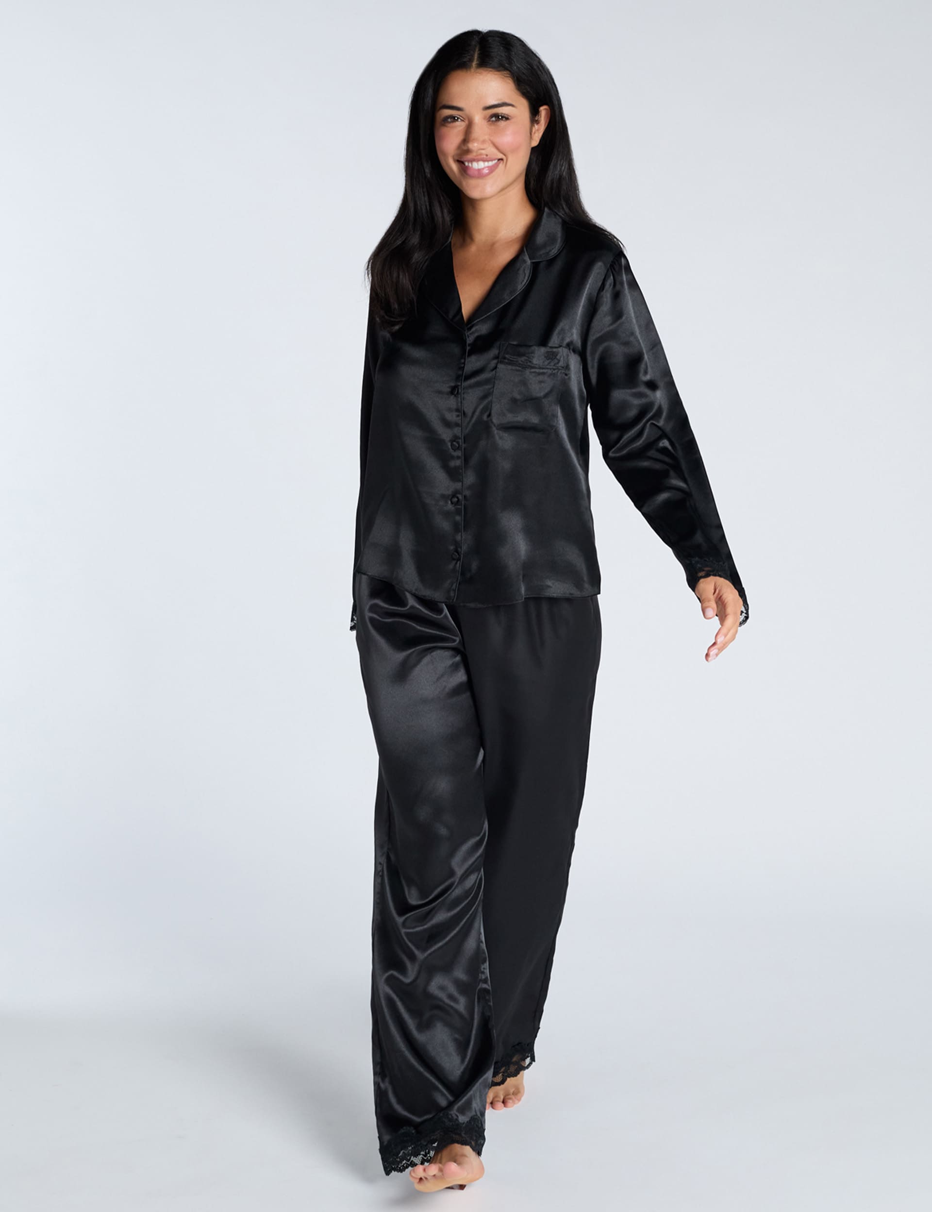 Boux Avenue Women's Amelia Satin Pyjama Set - 12 - Black, Black,Pink