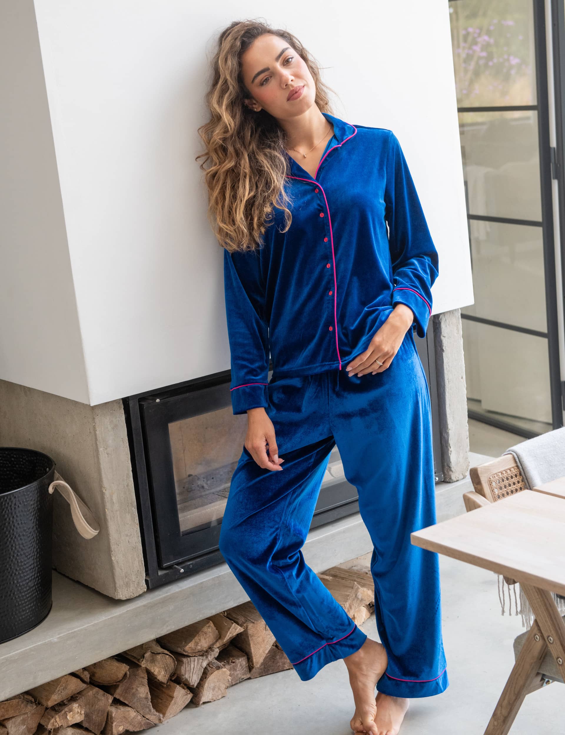 Pour Moi Women's Velour Pyjama Set - 14 - Cobalt, Cobalt,Black Mix