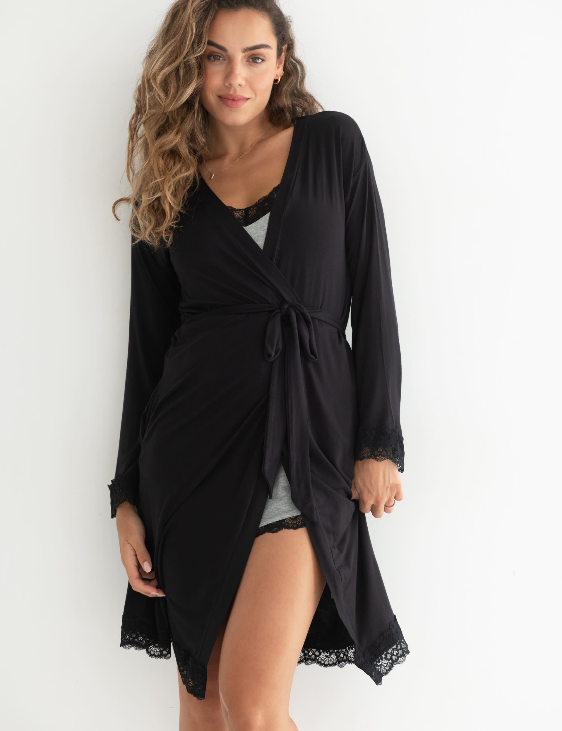 Pour Moi Women's Sofa Loves Lace Jersey Wrap Dressing Gown - 16 - Black, Black