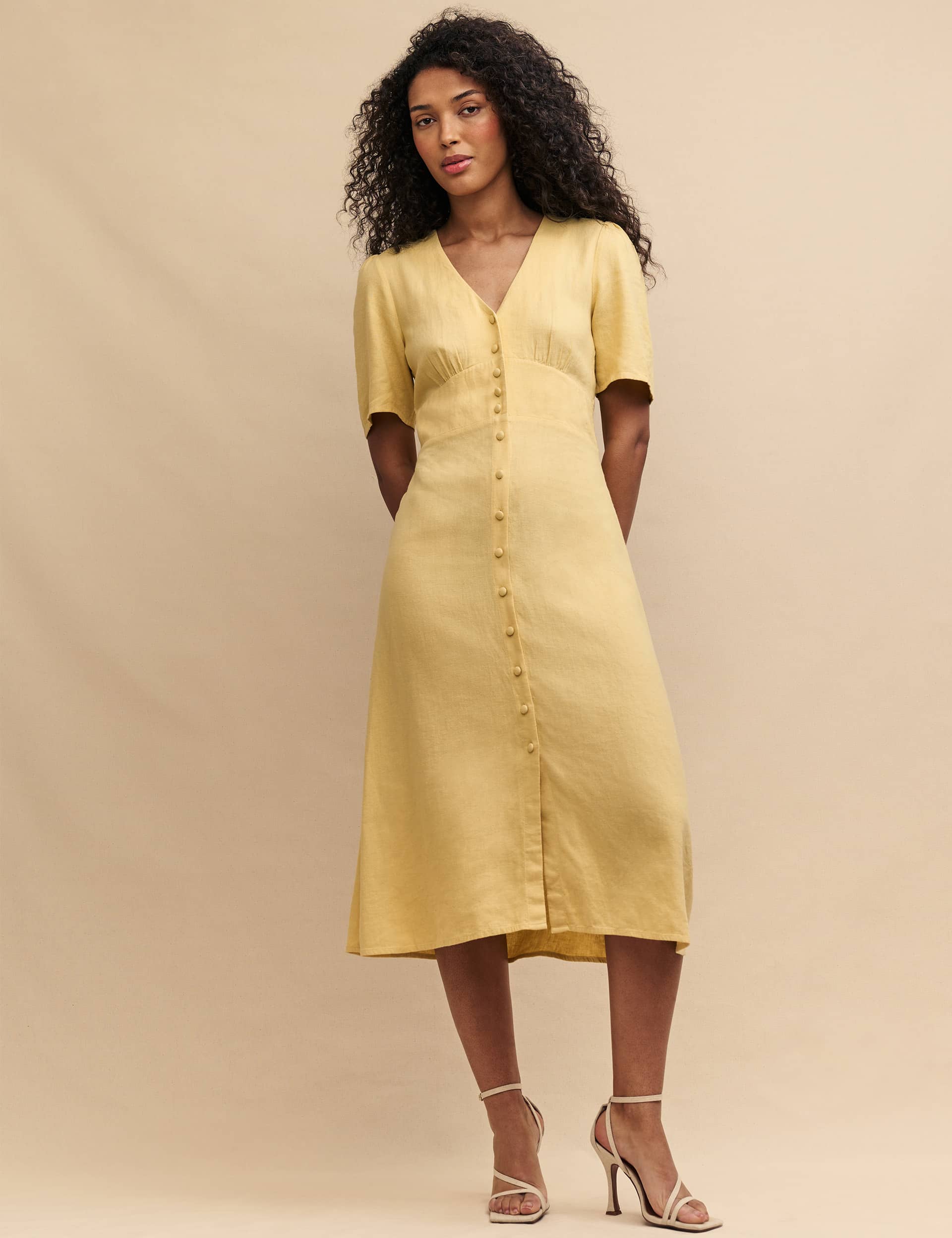 Nobody'S Child Women's Linen Rich V-Neck Midi Tea Dress - 12 - Yellow, Yellow