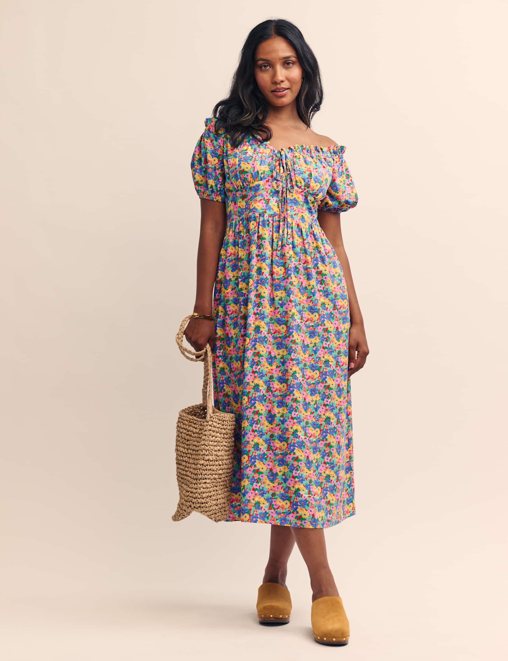 Nobody'S Child Women's Floral Tie Detail Puff Sleeve Midi Dress