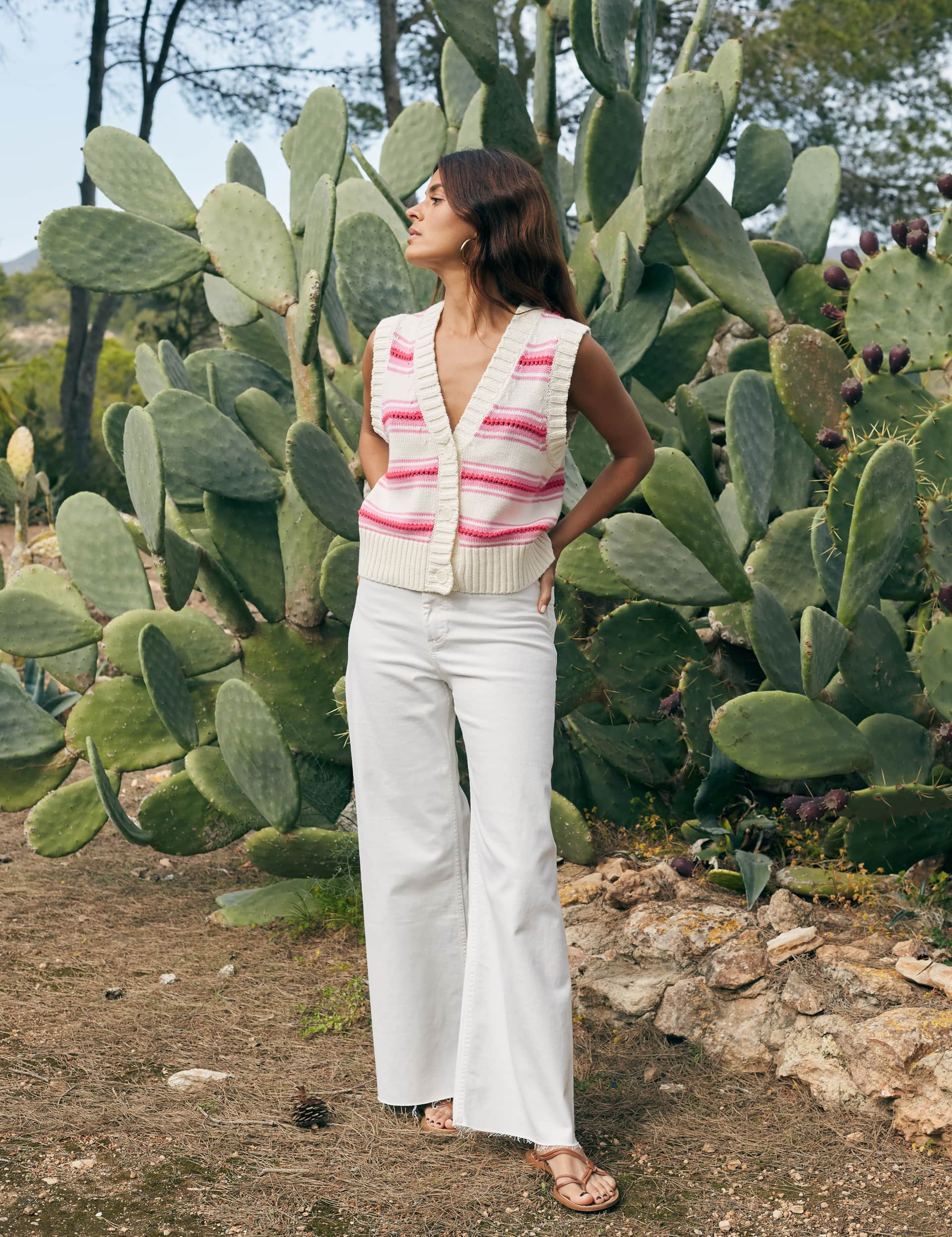 Chinti & Parker Women's Pure Cotton Textured Striped Knitted Vest - L - Pink Mix, Pink Mix