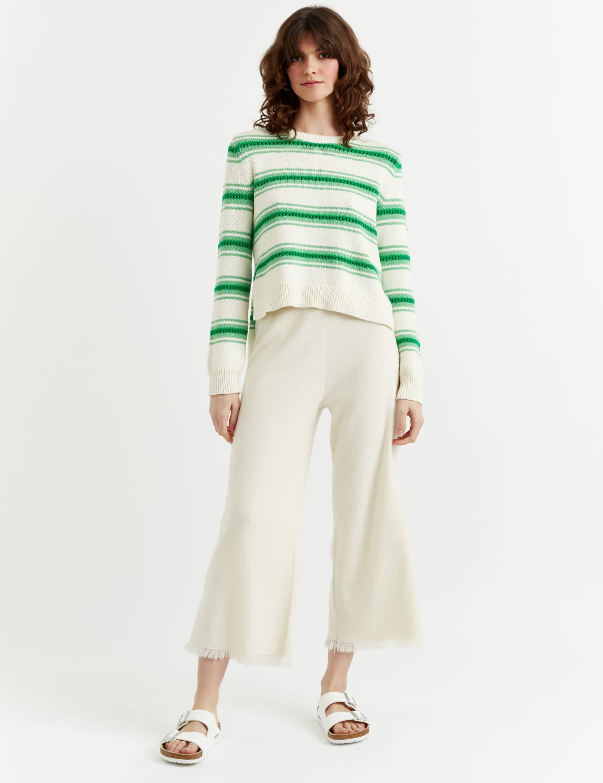 Chinti & Parker Pure Cotton Striped Stepped Hem Jumper - Green Mix, Green Mix