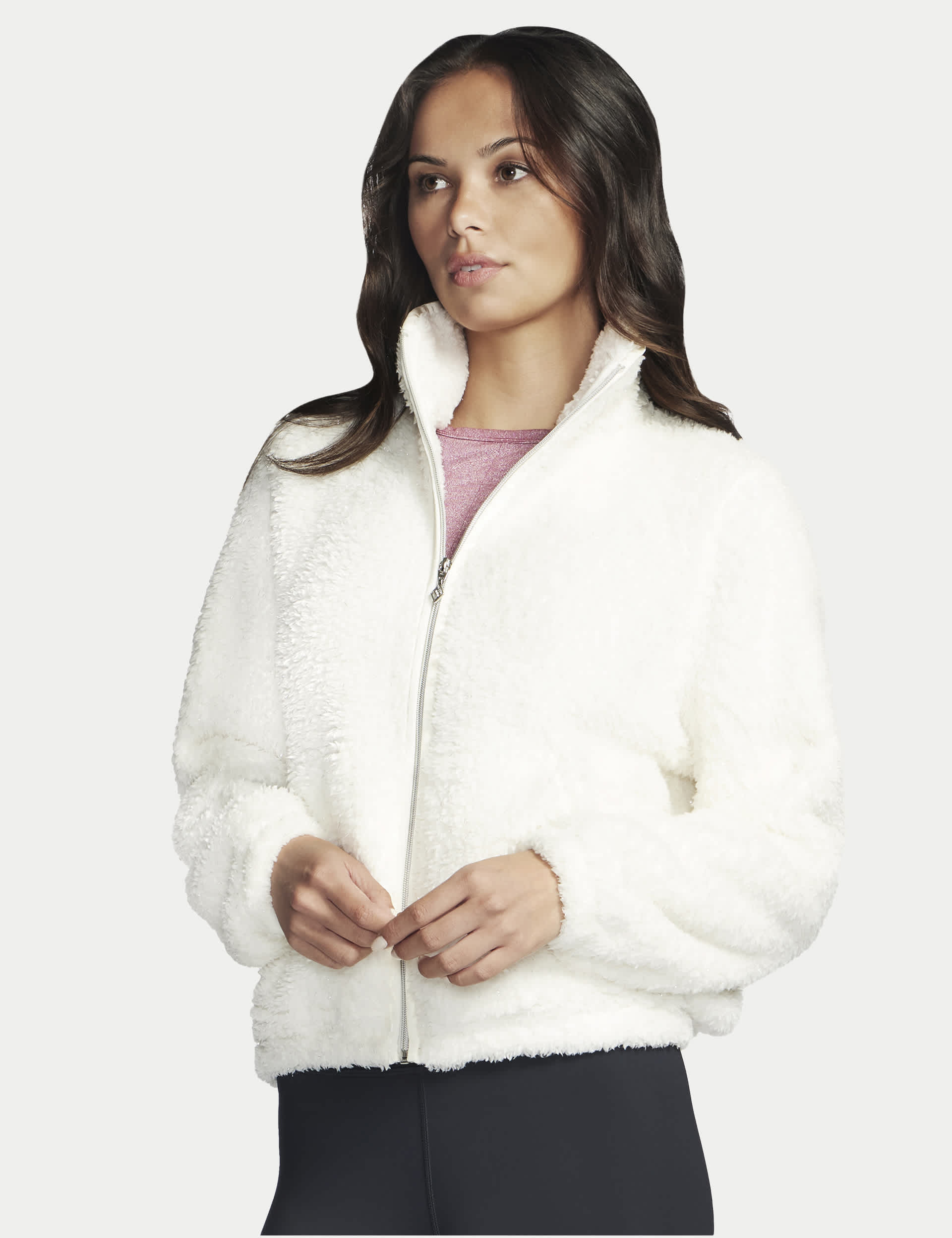 Skechers Women's Gosnuggle Faux Shearling Funnel Neck Jacket - White, White,Pink