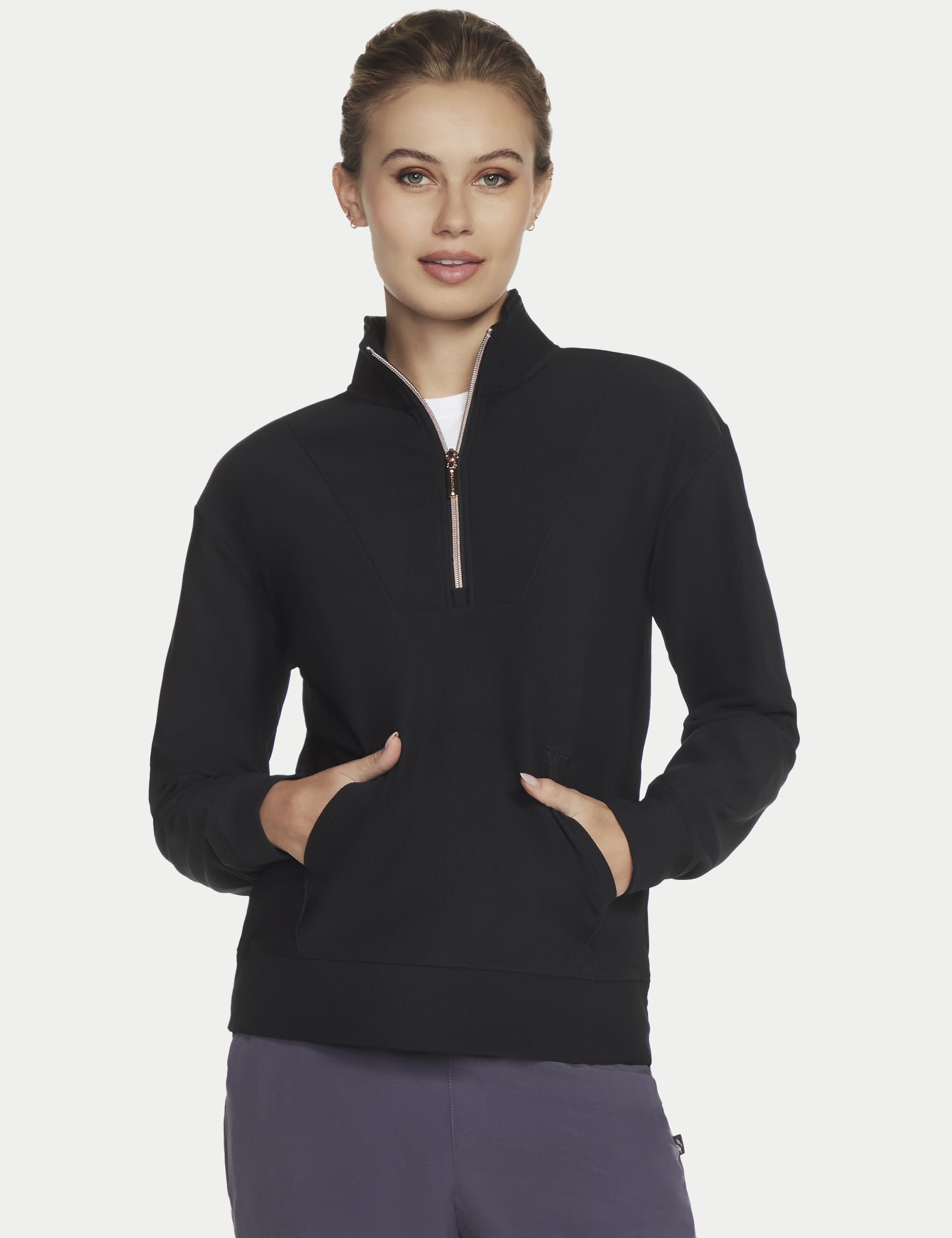 Skechers Women's Go Luxe Ribbed Half Zip Sweatshirt - Black, Dark Purple,White,Black