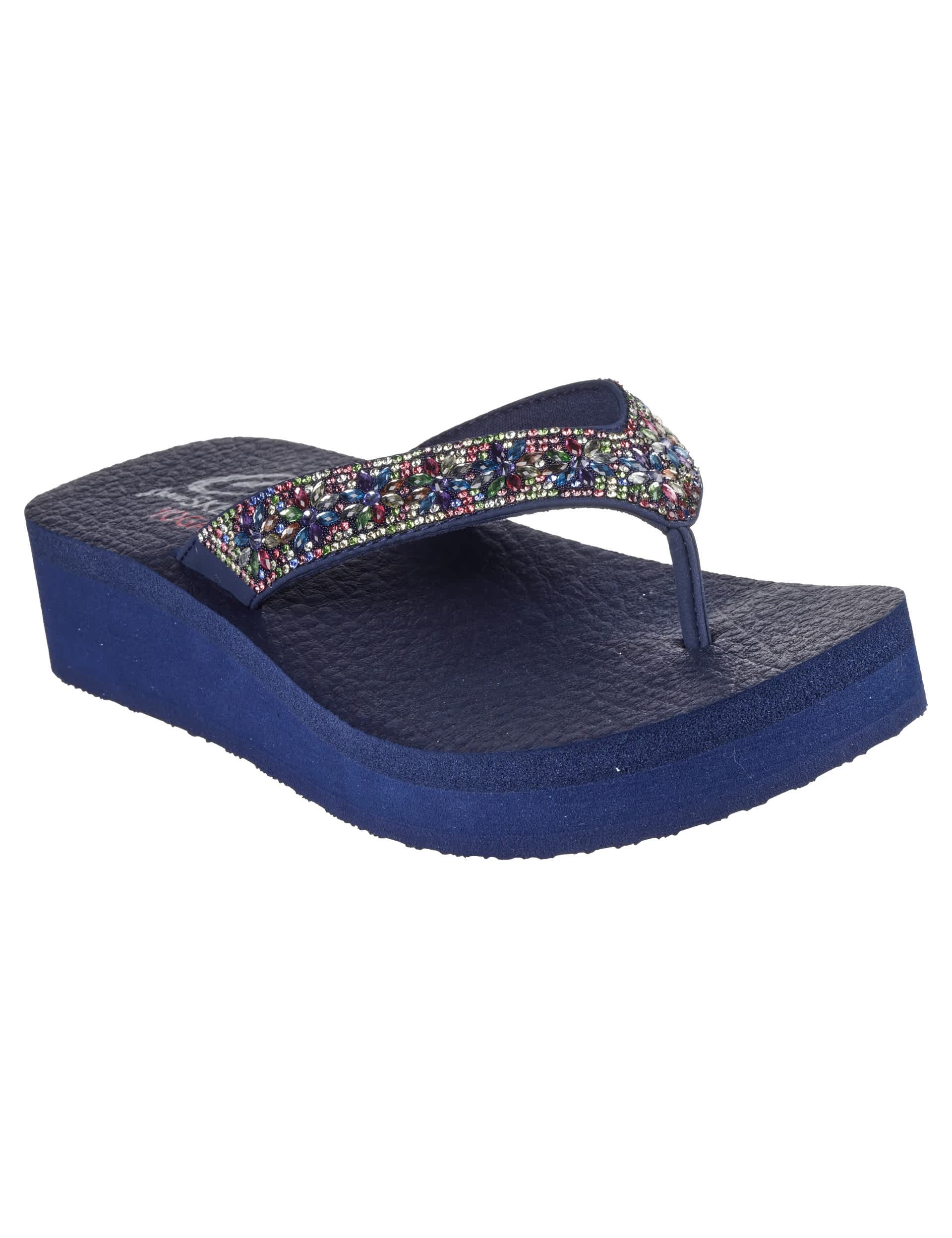 Skechers Women's Cali Vinyasa Wild Daisies Wedge Flip Flops - 6 - Navy Mix, Navy Mix,Taupe