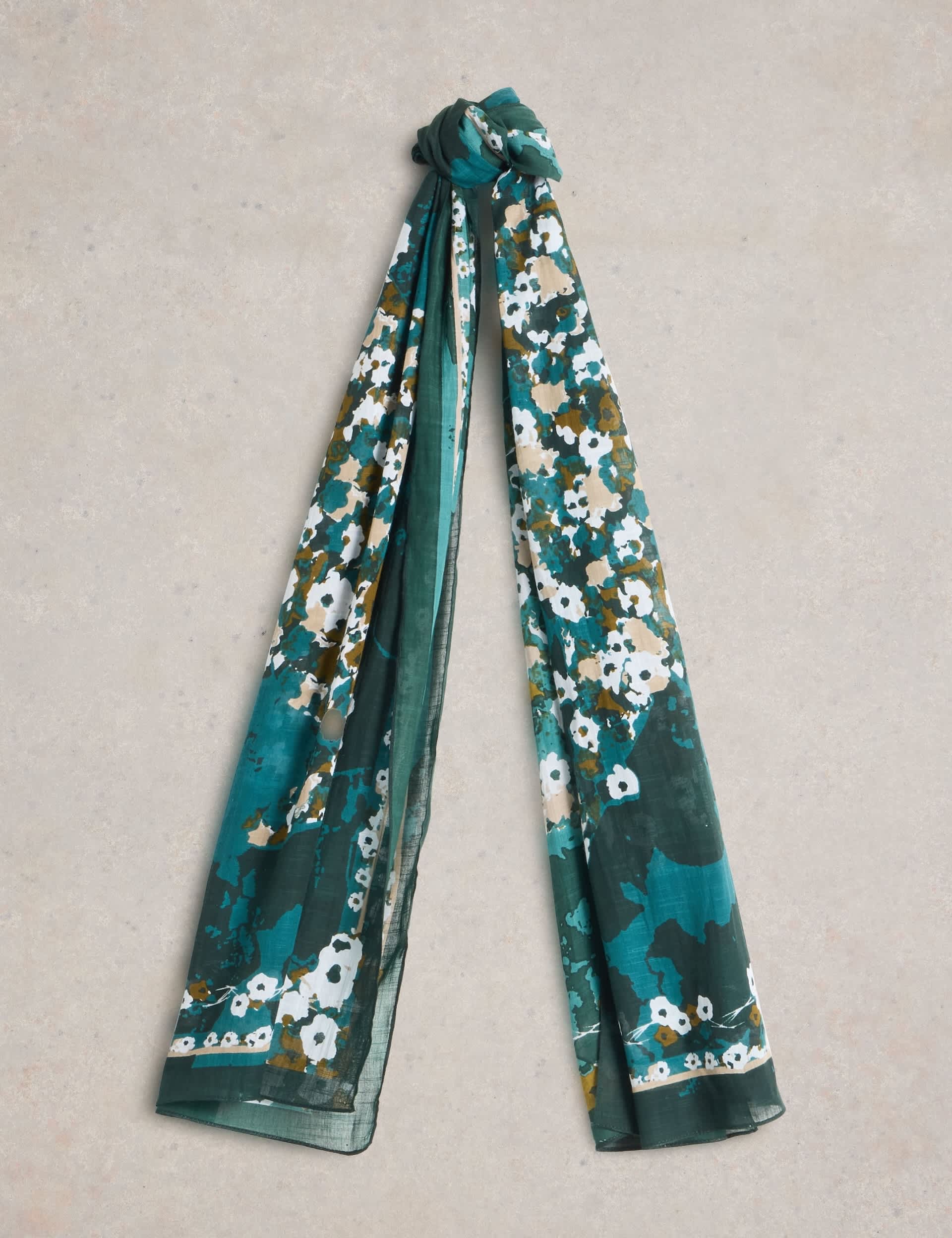 White Stuff Women's Cotton Blend Woven Floral Hare Print Scarf - Teal Mix, Teal Mix