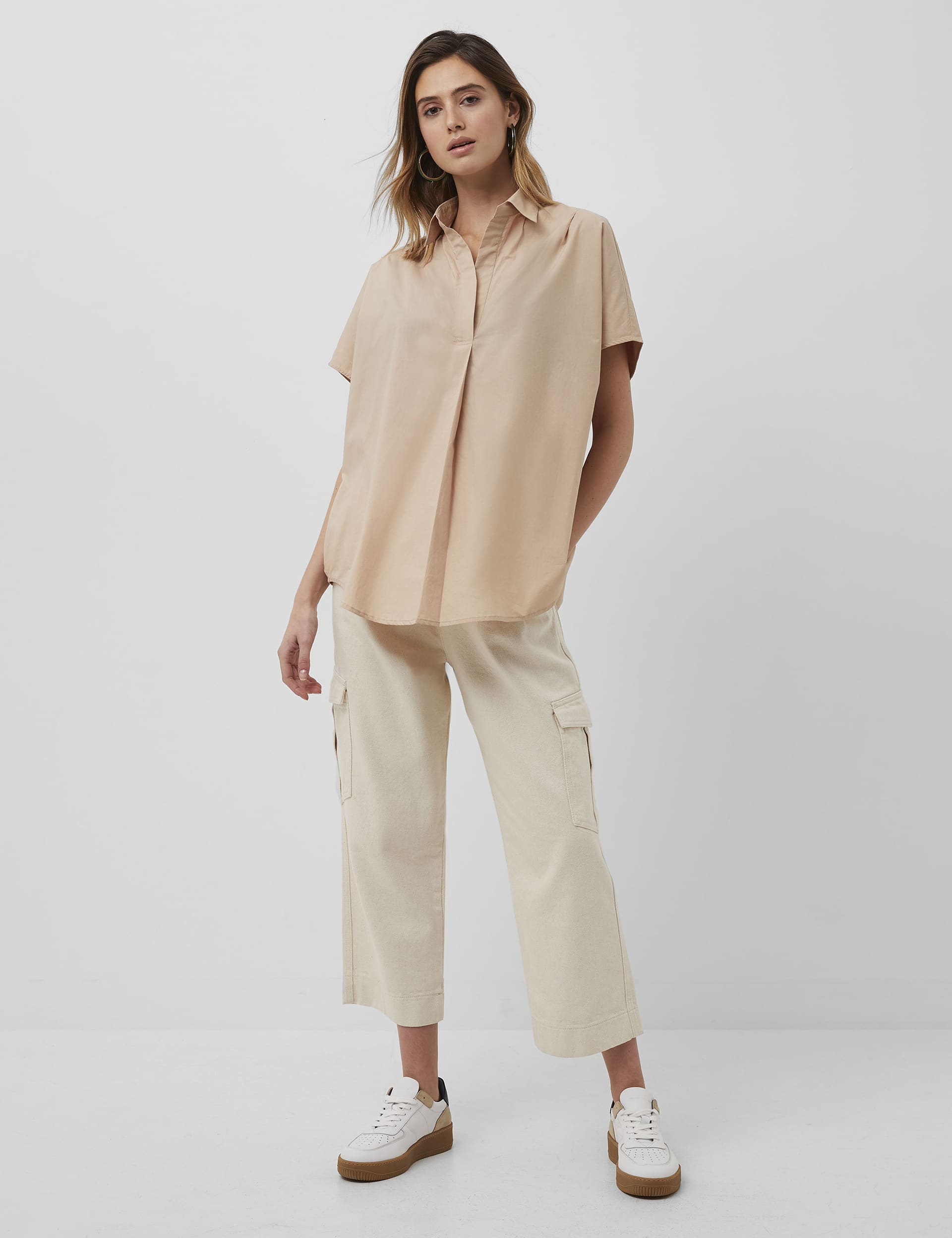 French Connection Women's Pure Cotton Collared Short Sleeve Shirt - XS - Nude, Nude