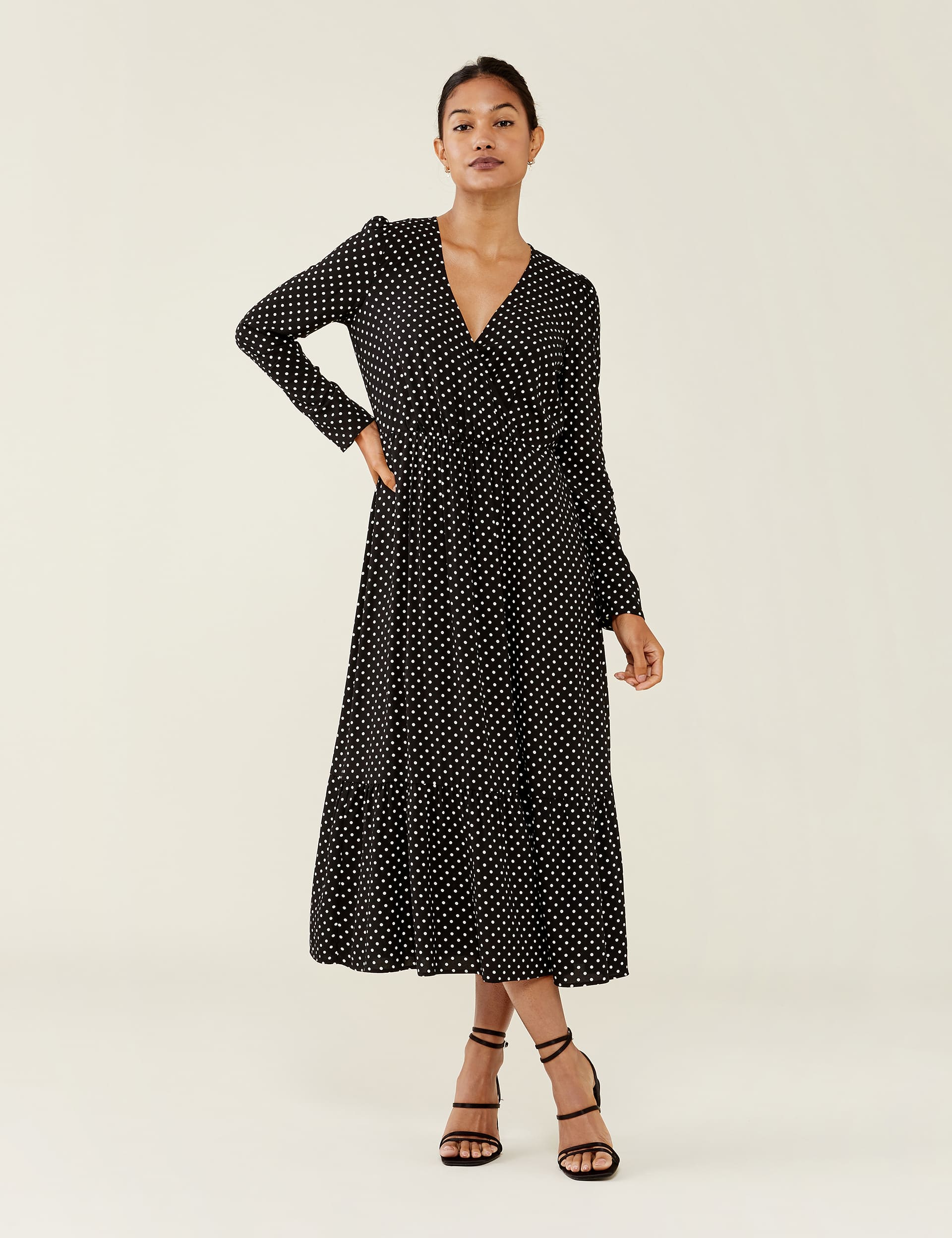 Finery London Women's Polka Dot V-Neck Midi Tea Dress - 10 - Black Mix, Black Mix