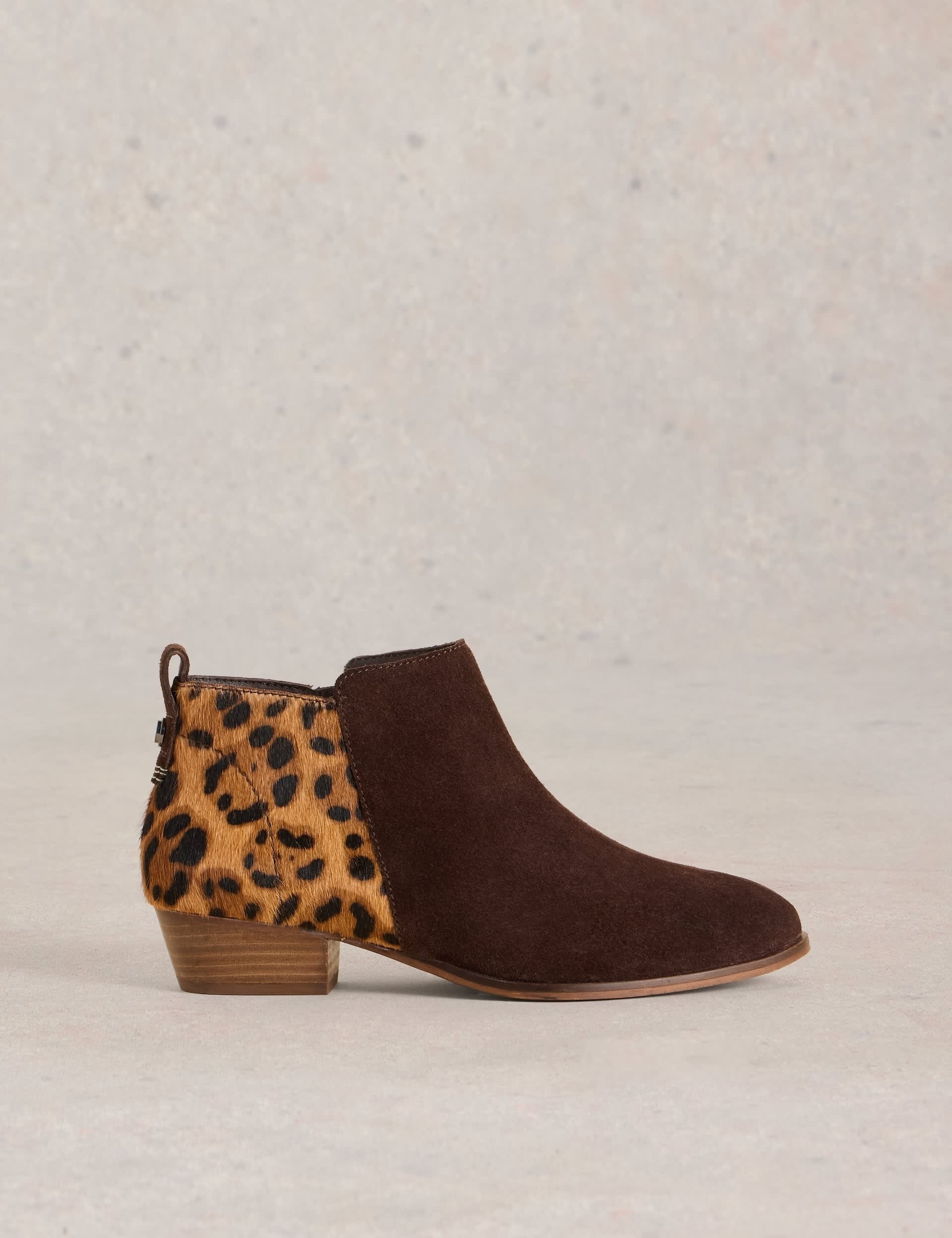 White Stuff Women's Wide Fit Suede Leopard Print Block Heel Ankle Boots - 6 - Brown Mix, Brown Mix