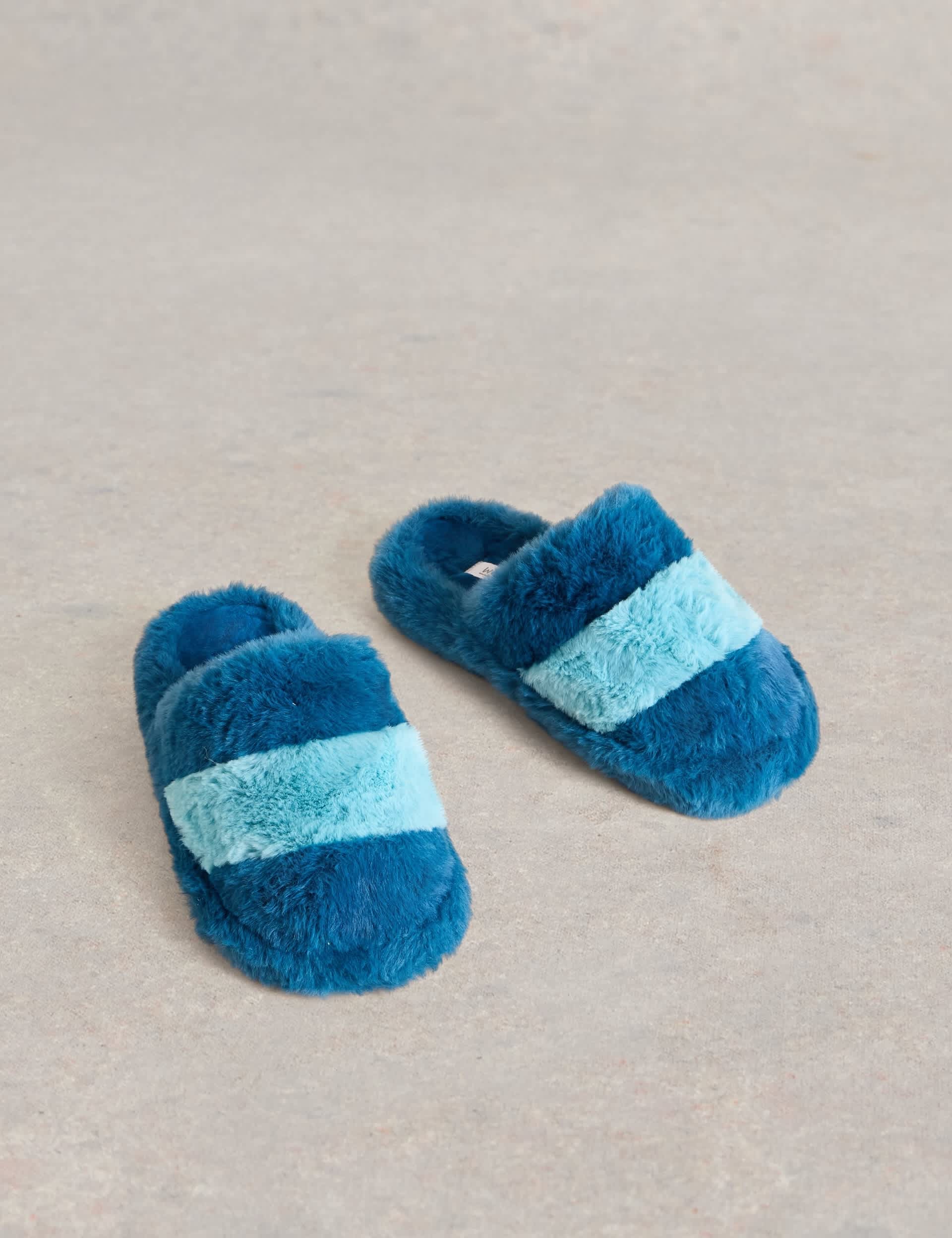 White Stuff Women's Faux Fur Colour Block Open Toe Mule Slippers - Teal Mix, Teal Mix