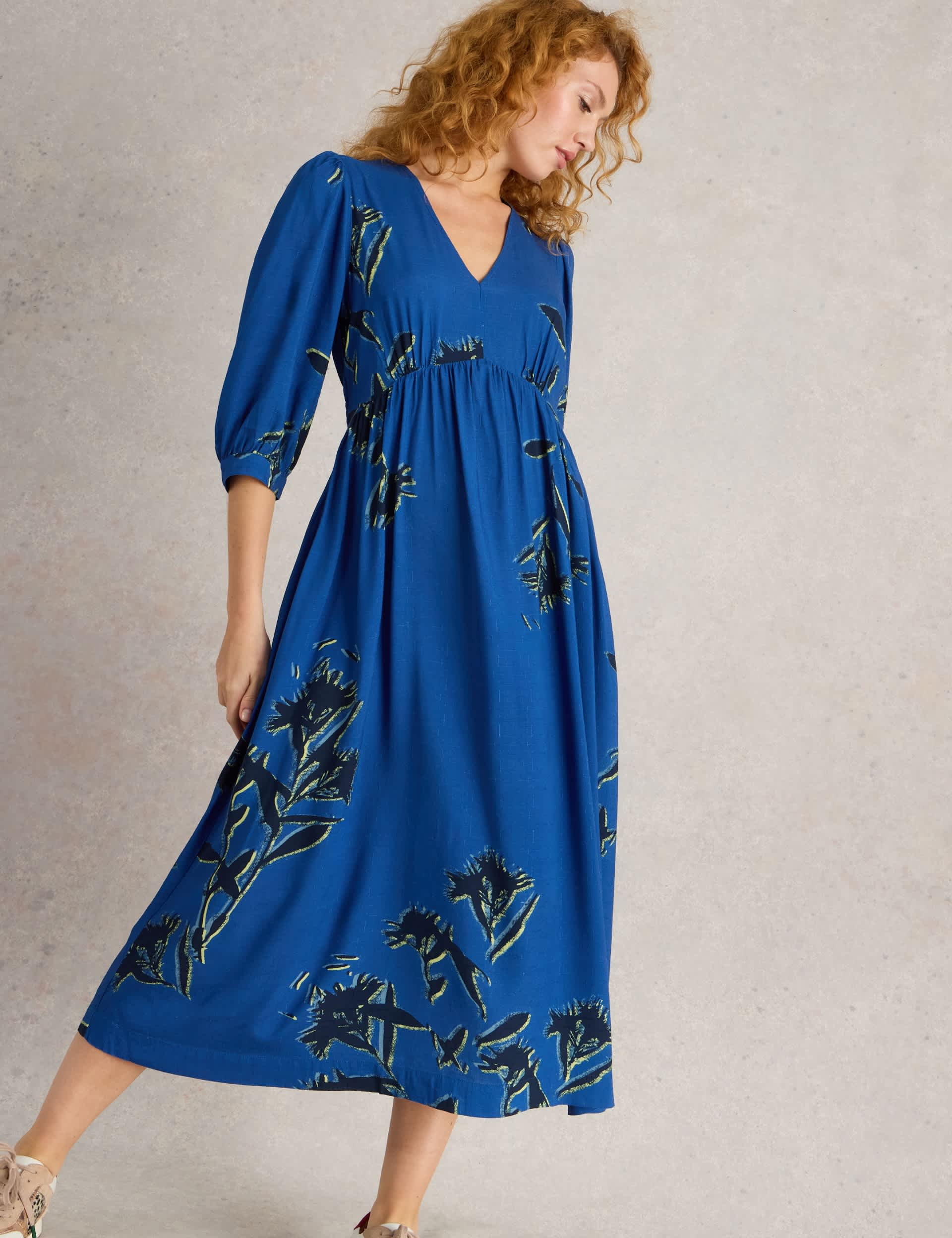 White Stuff Women's Floral V-Neck Midi Tea Dress - 12REG - Blue Mix, Blue Mix