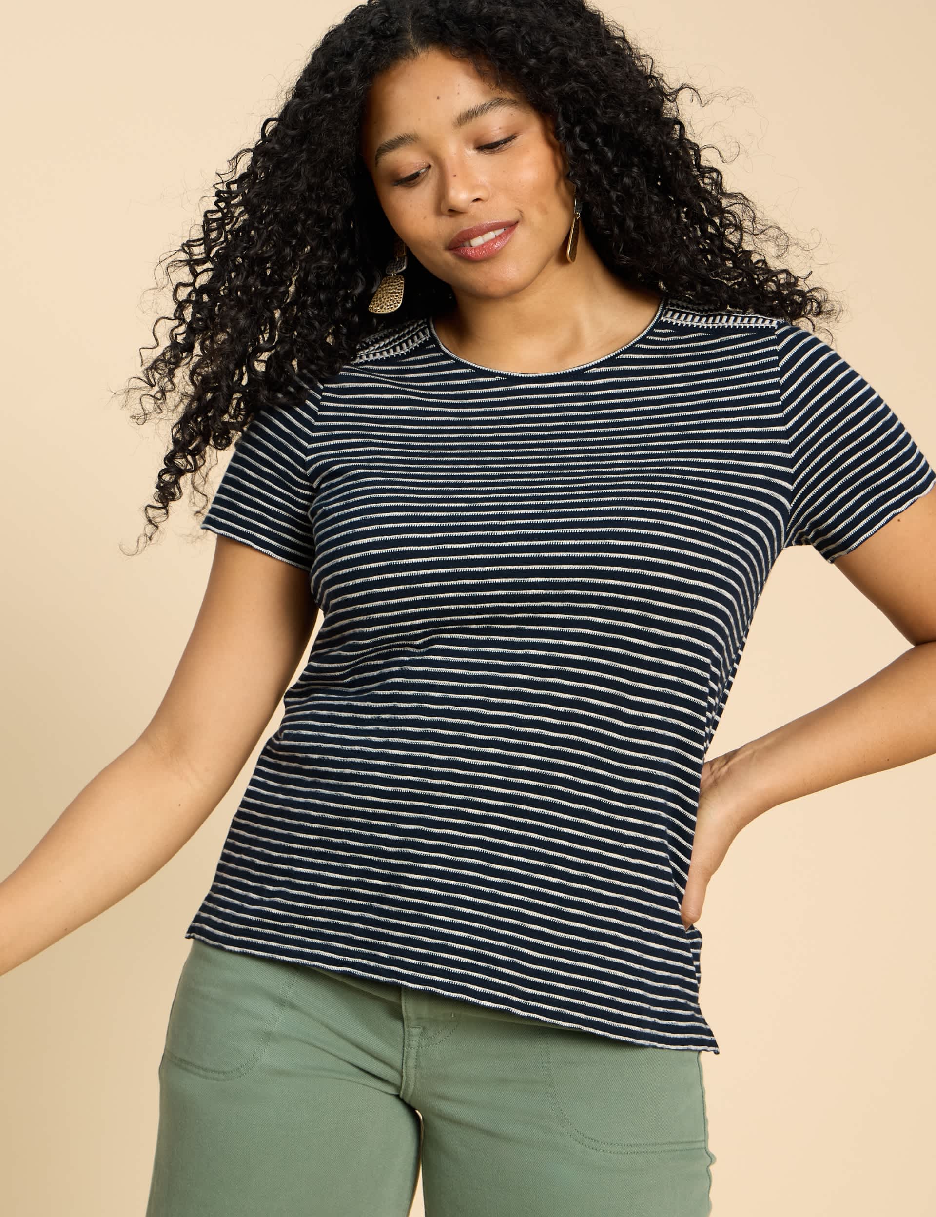 White Stuff Women's Pure Cotton Embroidered Striped T-Shirt