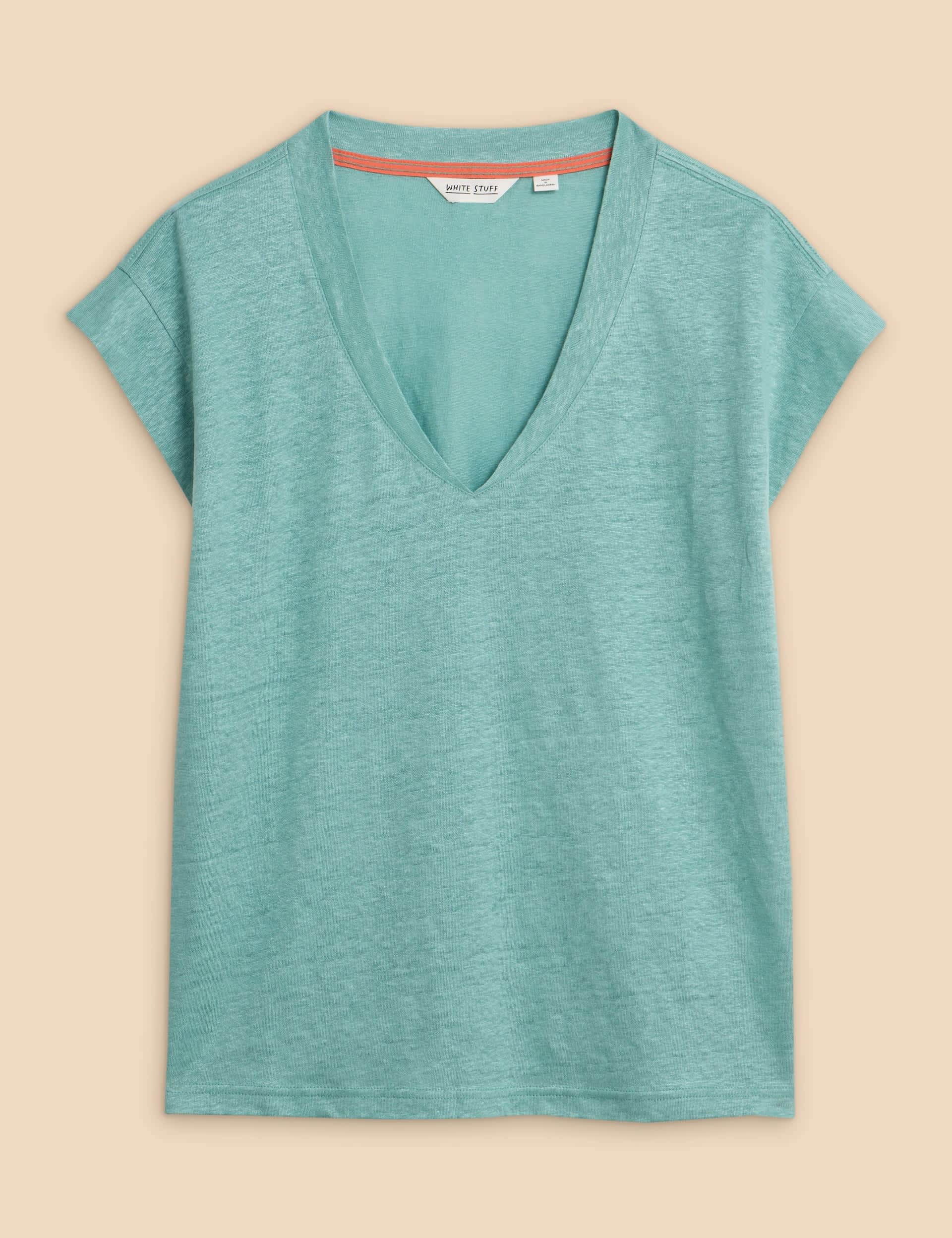 White Stuff Women's Pure Linen V-Neck T-Shirt - 8 - Teal, Teal