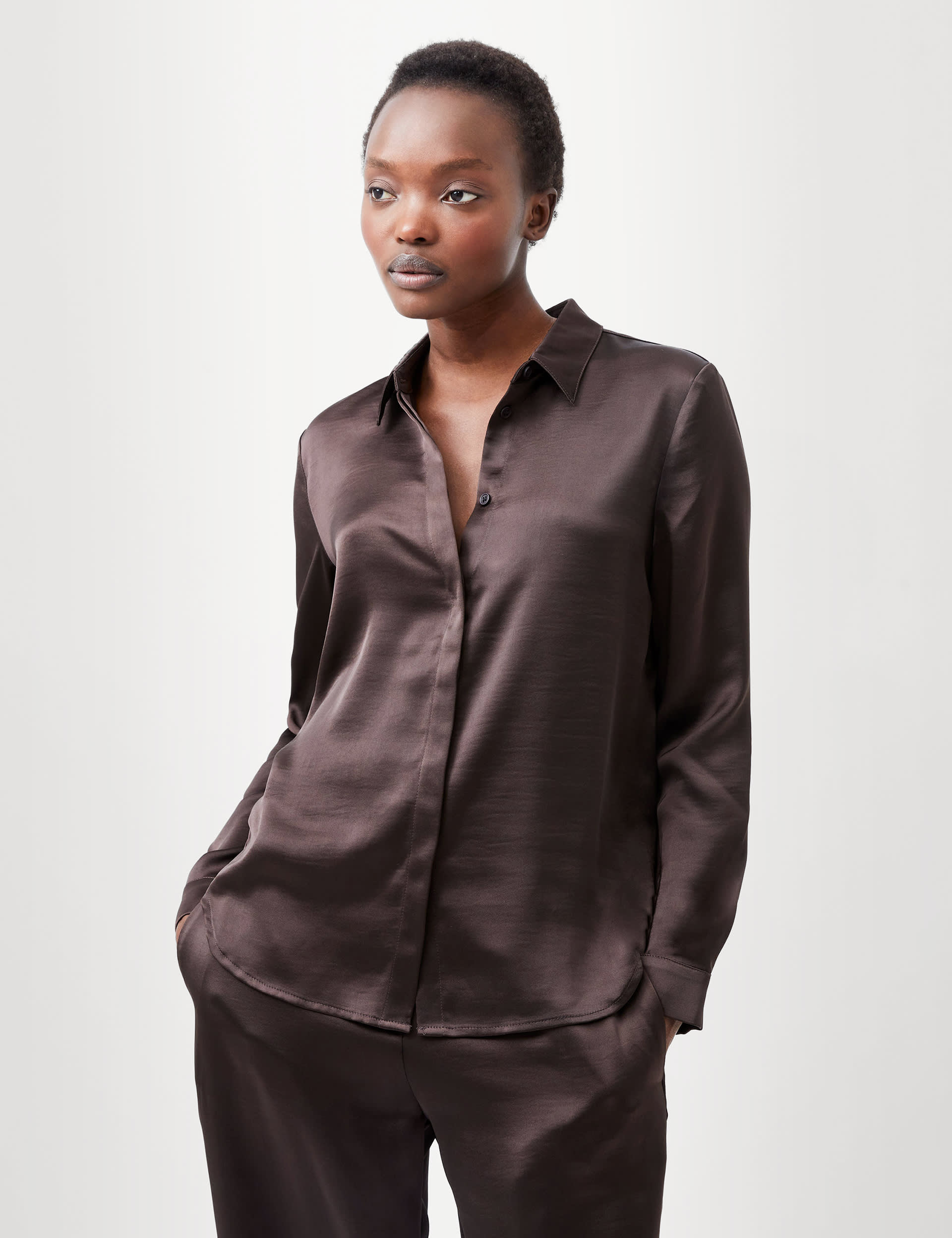 French Connection Women's Satin Collared Button Through Shirt - XS - Brown, Brown