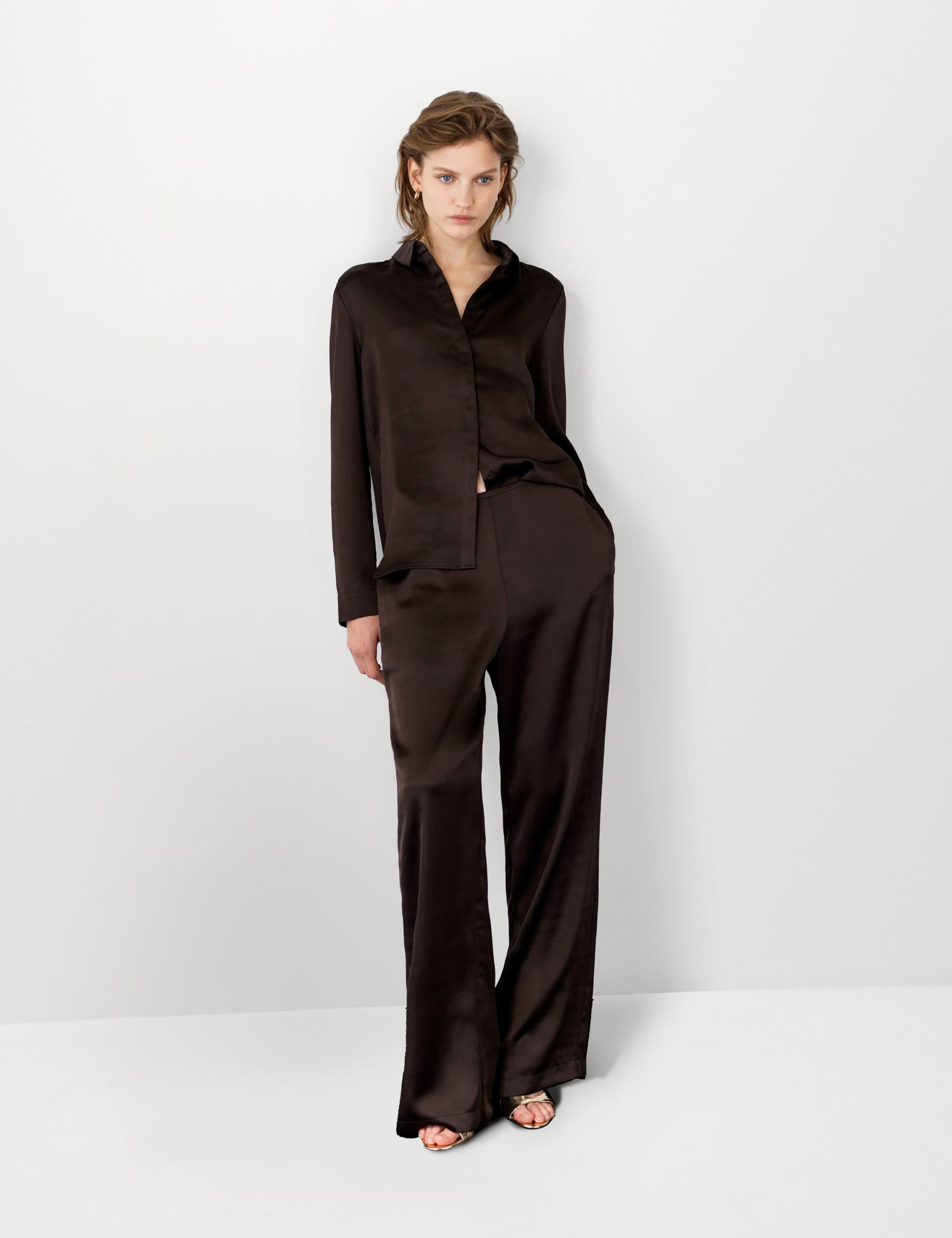 French Connection Women's Satin Elasticated Waist Wide Leg Trousers - XS - Brown, Brown