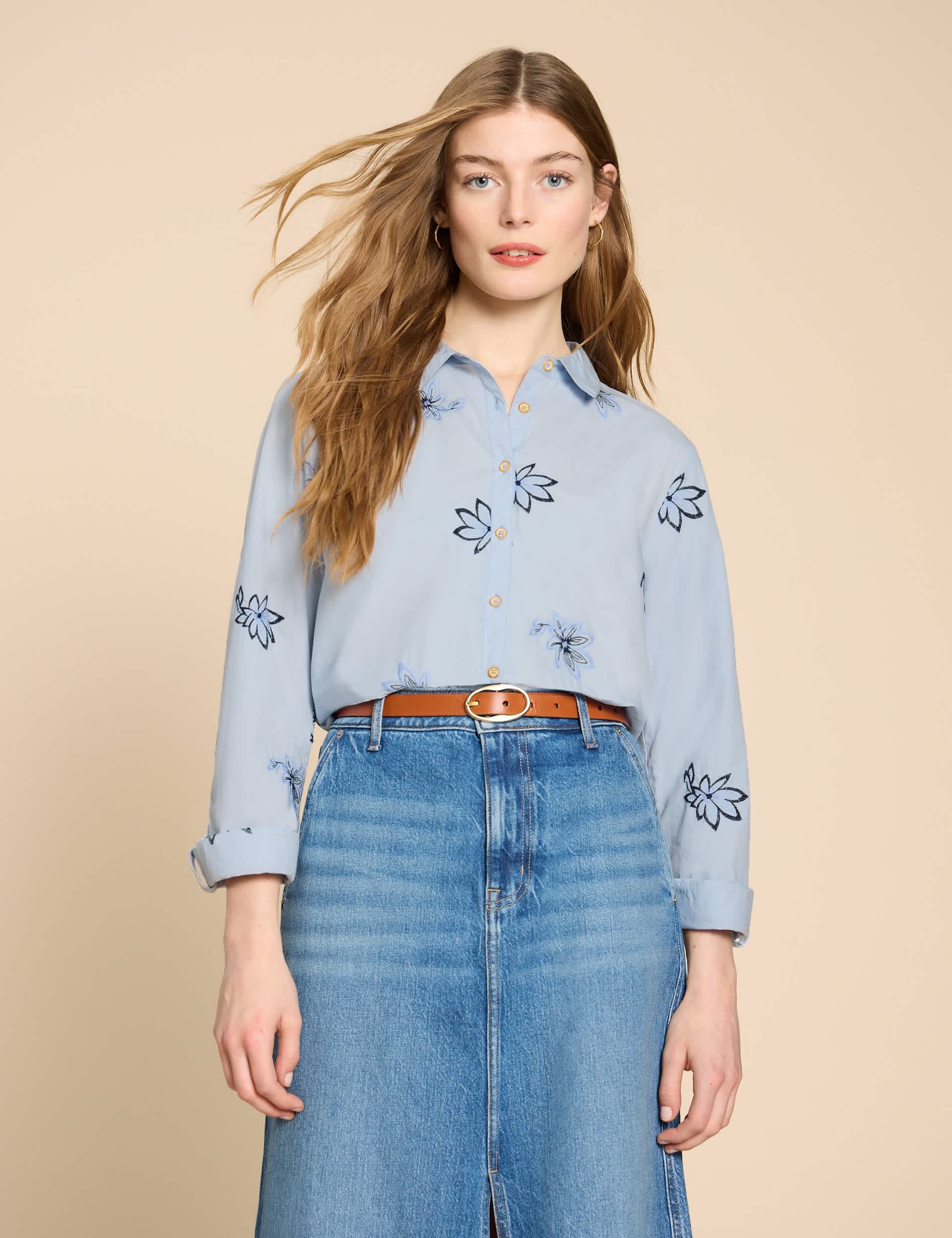 White Stuff Women's Pure Cotton Embroidered Shirt - 8 - Blue Mix, Blue Mix