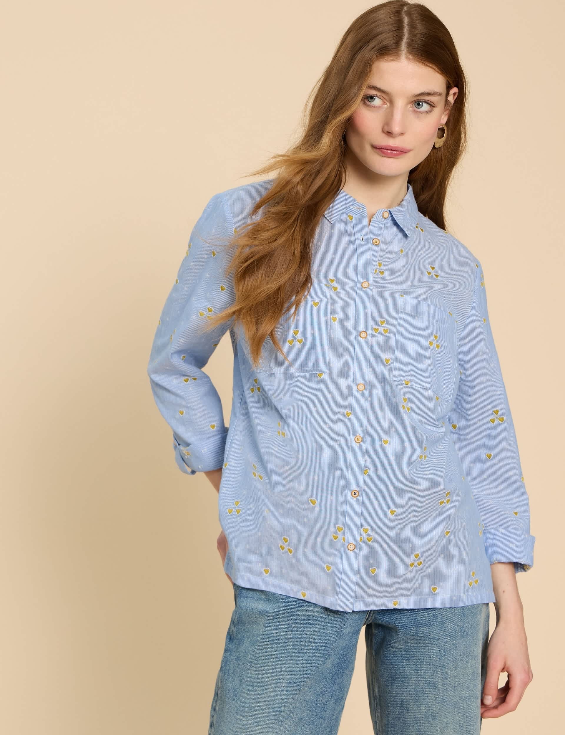 White Stuff Women's Pure Cotton Striped Embroidered Shirt - 14 - Blue Mix, Blue Mix