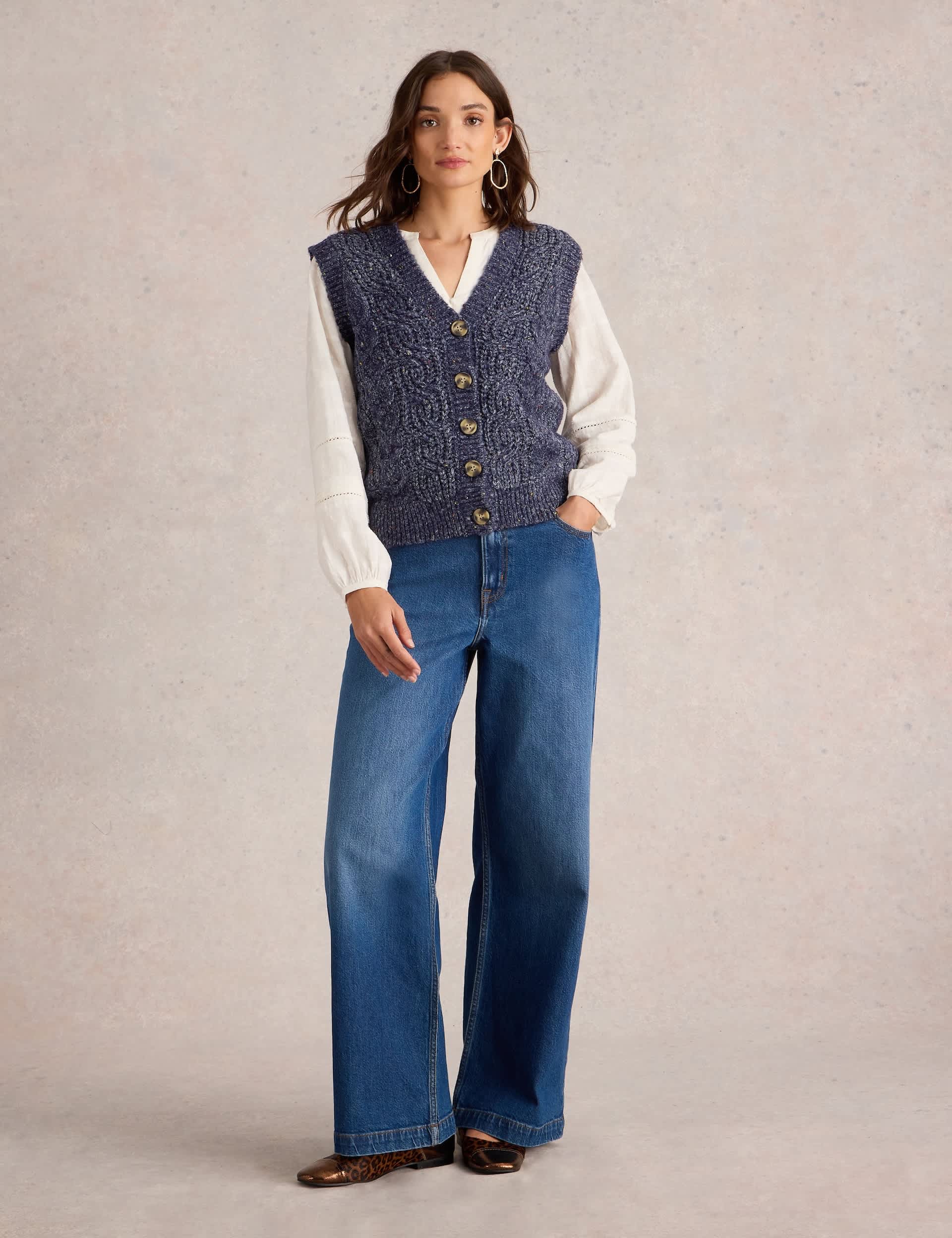 White Stuff Women's Pure Cotton Cable Knit Sleeveless Cardigan