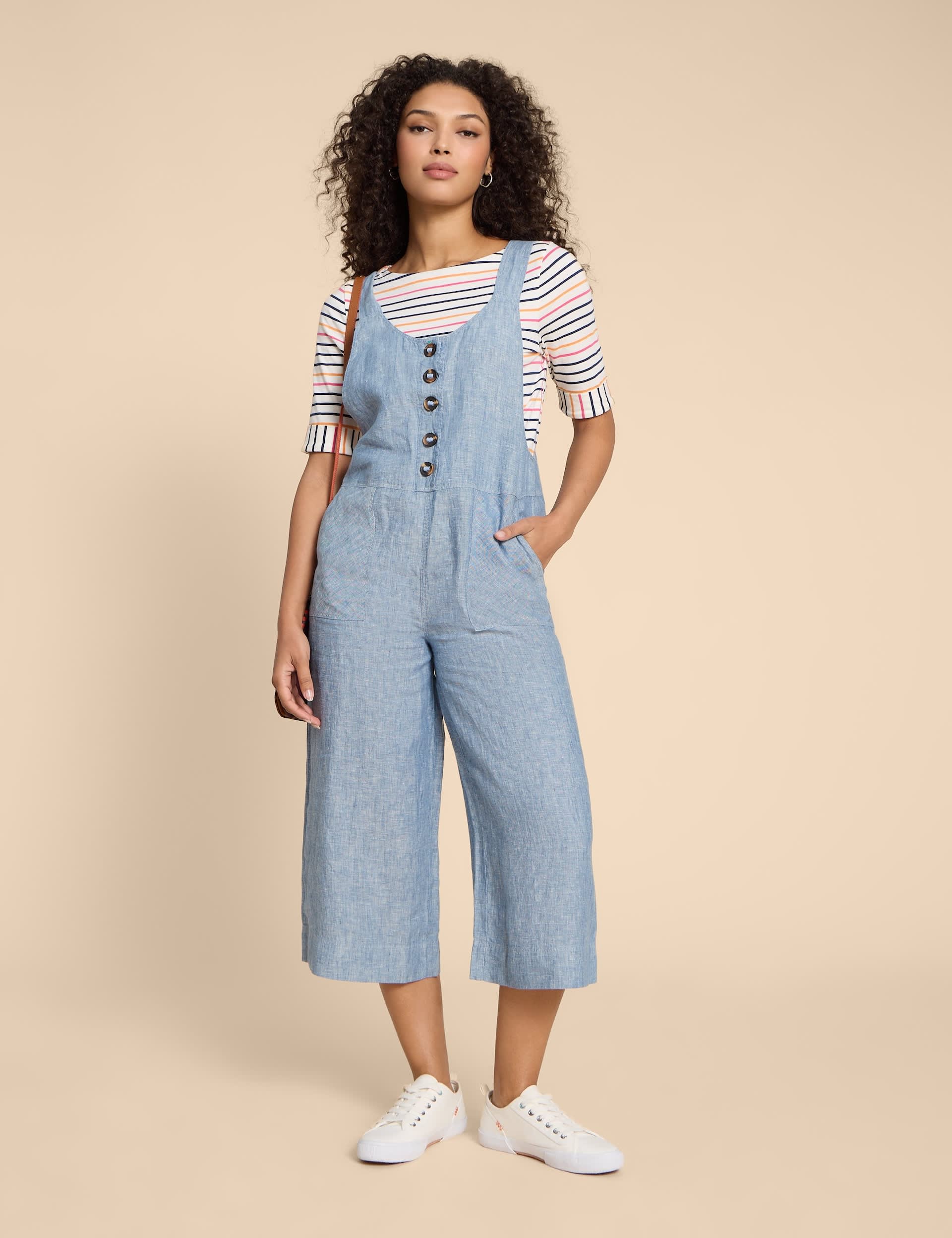 White Stuff Women's Pure Linen Cropped Dungarees - 14REG - Light Blue, Black,Light Blue