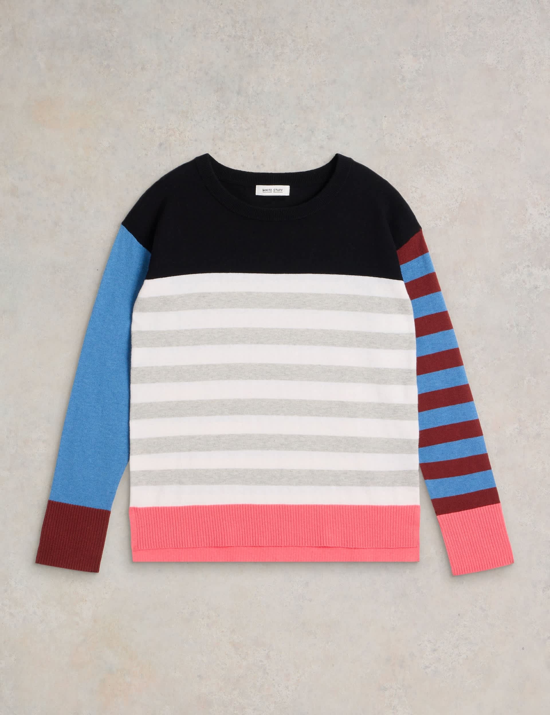 White Stuff Women's Cotton Rich Striped Crew Neck Jumper - 6 - Blue Mix, Blue Mix