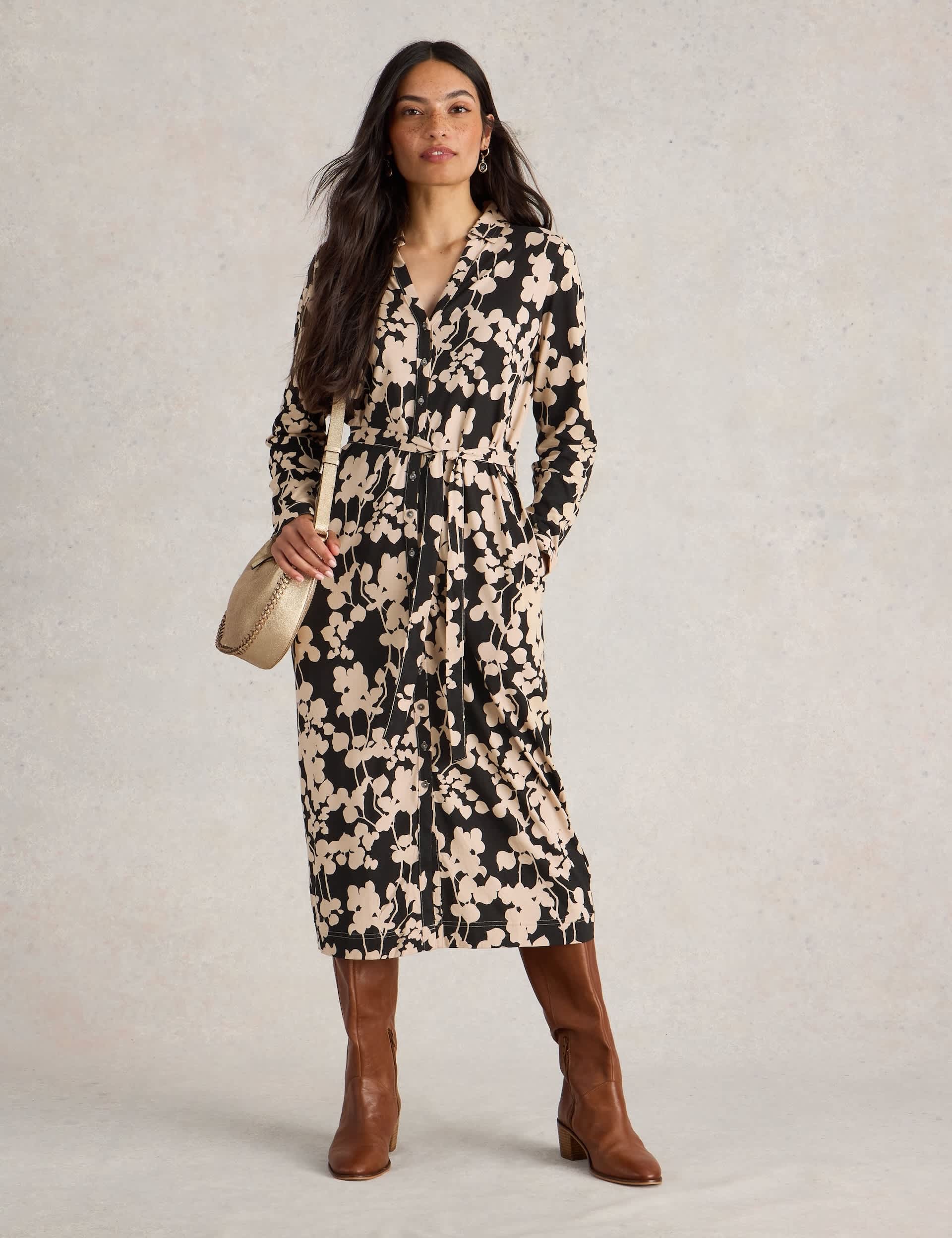 White Stuff Women's Jersey Floral Midi Shirt Dress - 8REG - Black Mix, Black Mix,Blue Mix