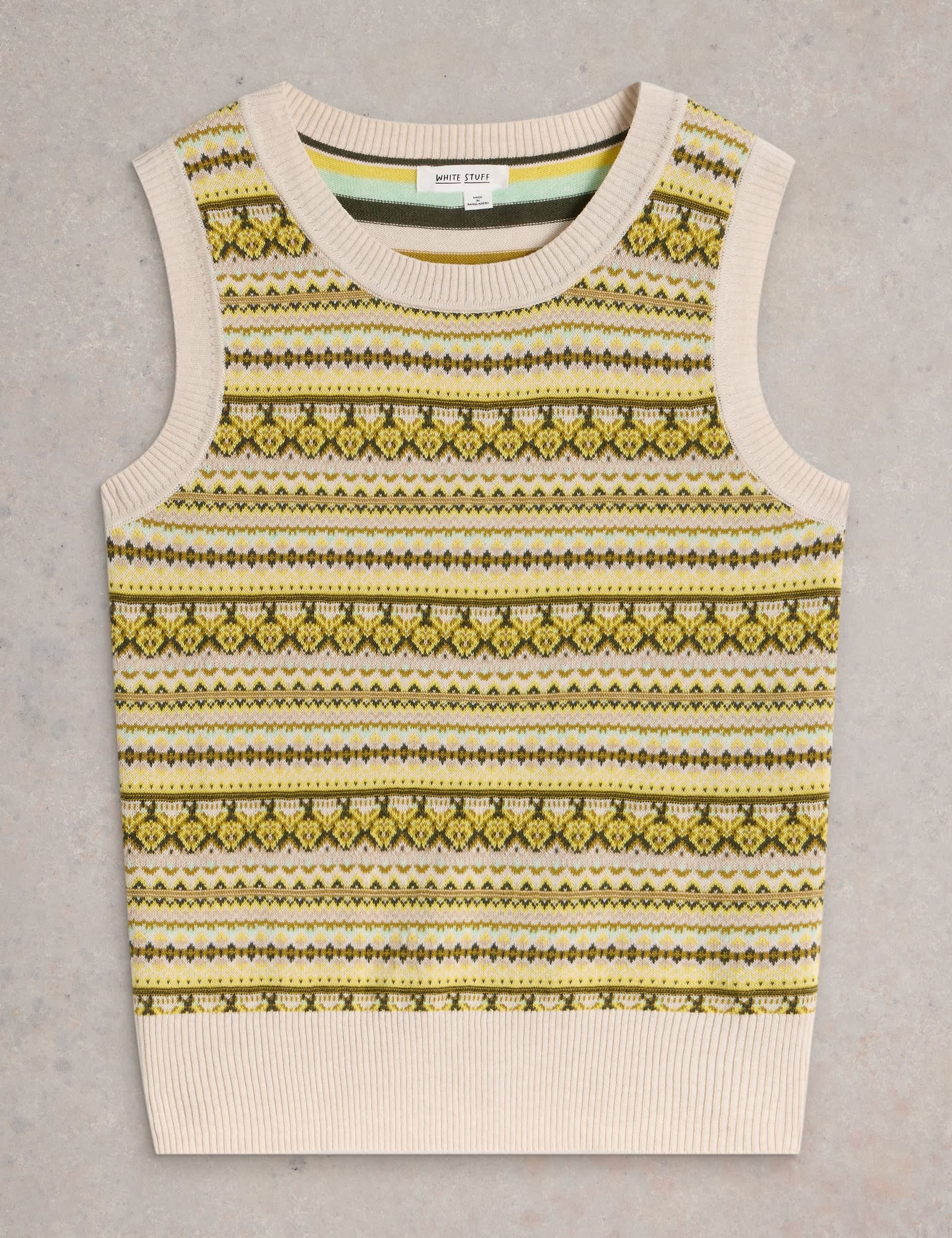 White Stuff Women's Pure Cotton Fair Isle Crew Neck Knitted Vest - 6 - Yellow Mix, Yellow Mix