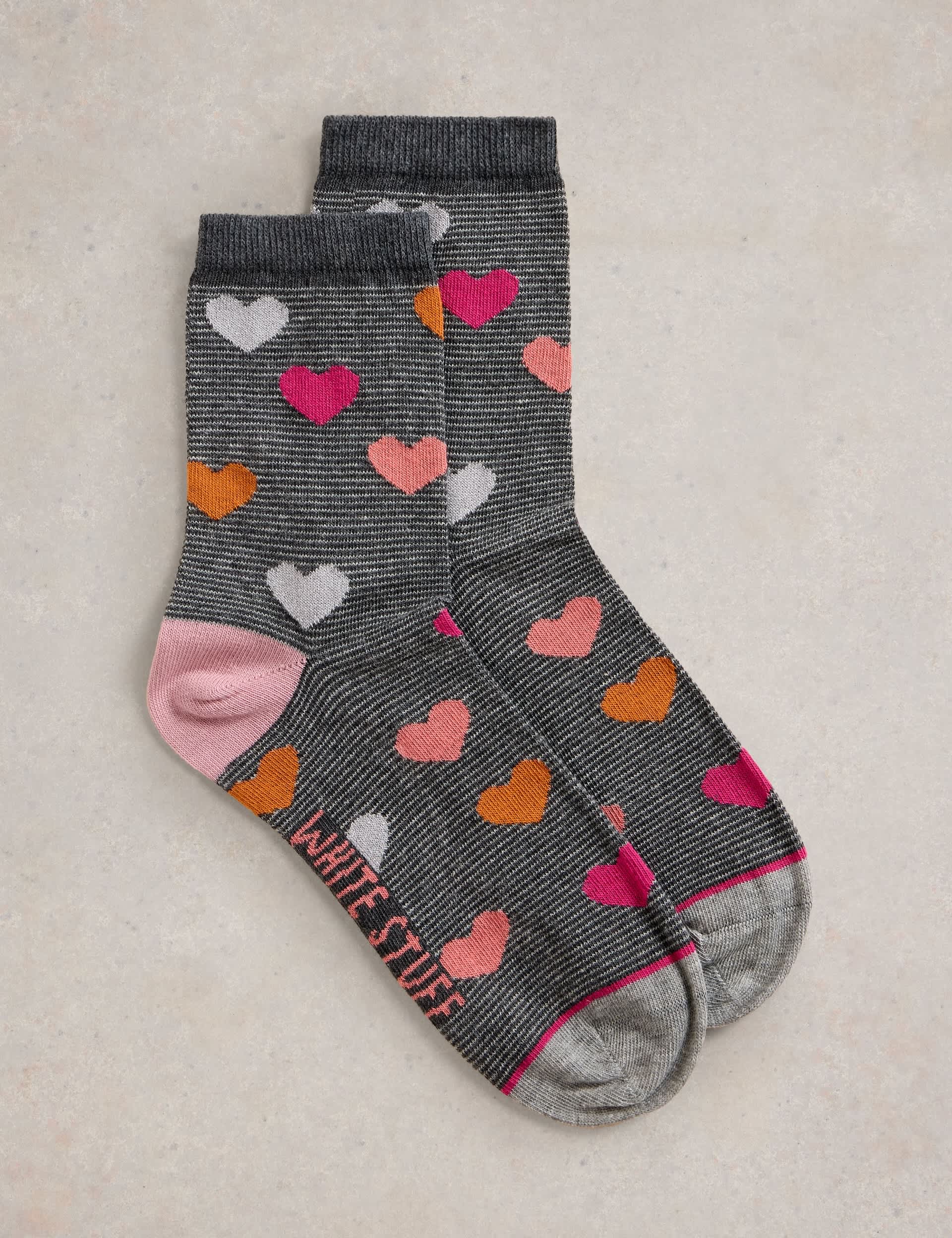 White Stuff Women's Striped Heart Cotton Rich Socks - 6-8 - Grey Mix, Grey Mix