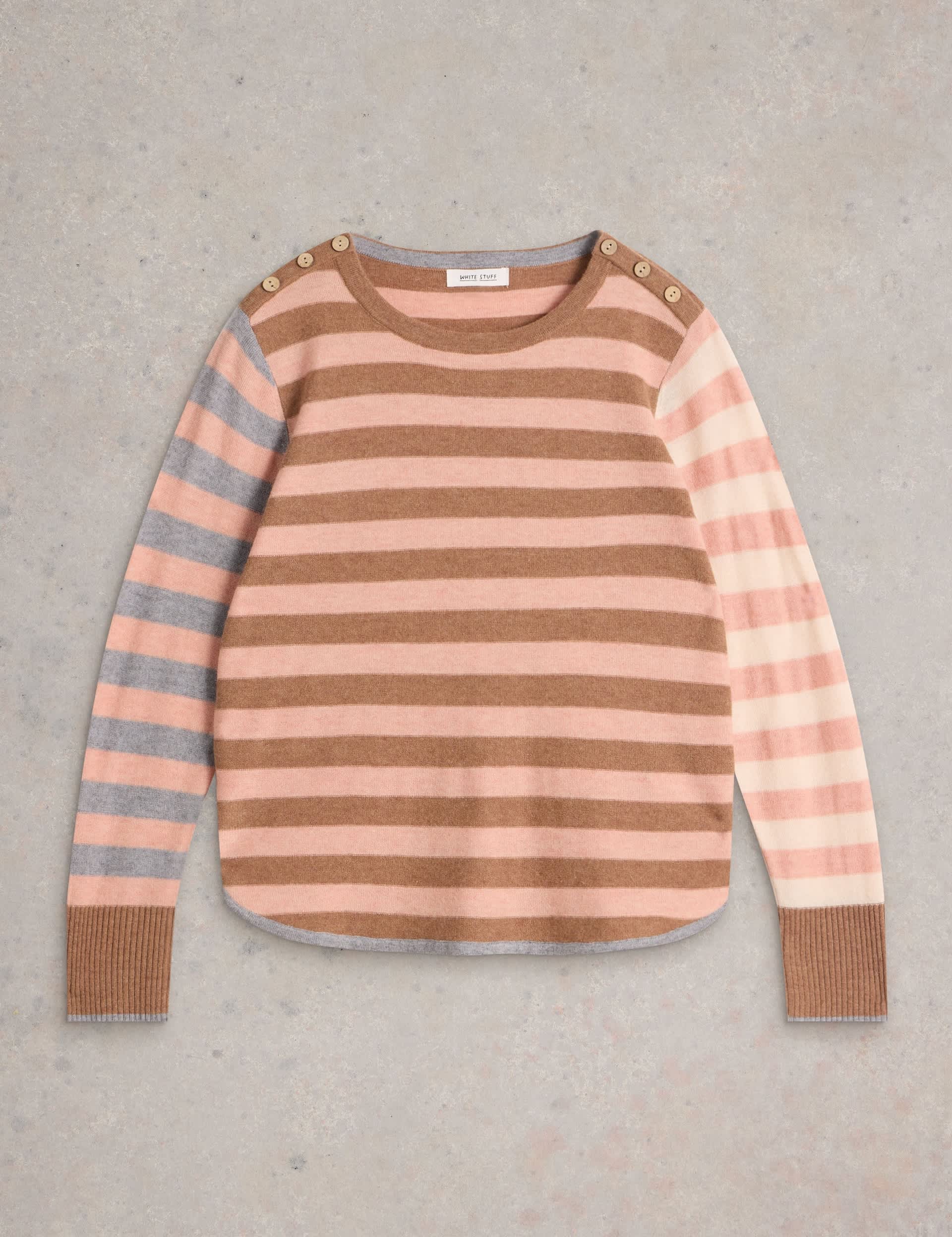 White Stuff Women's Merino Wool Blend Crew Neck Striped Jumper - 6 - Pink Mix, Pink Mix