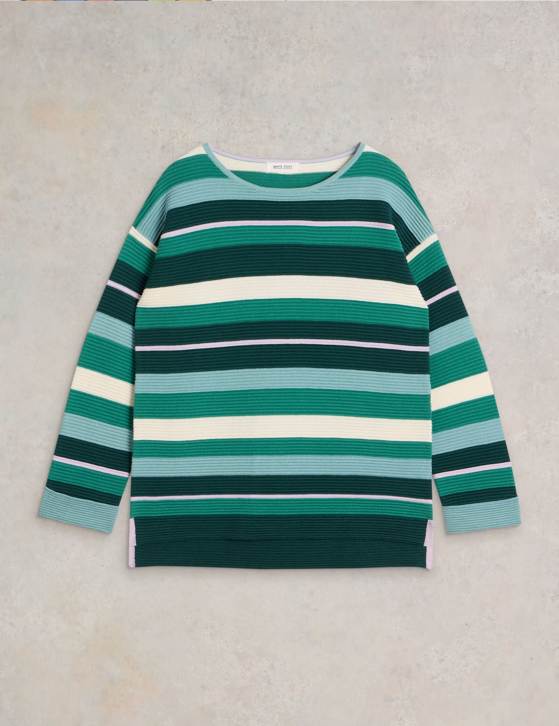 White Stuff Women's Pure Cotton Striped Slash Neck Jumper - 6 - Green Mix, Green Mix