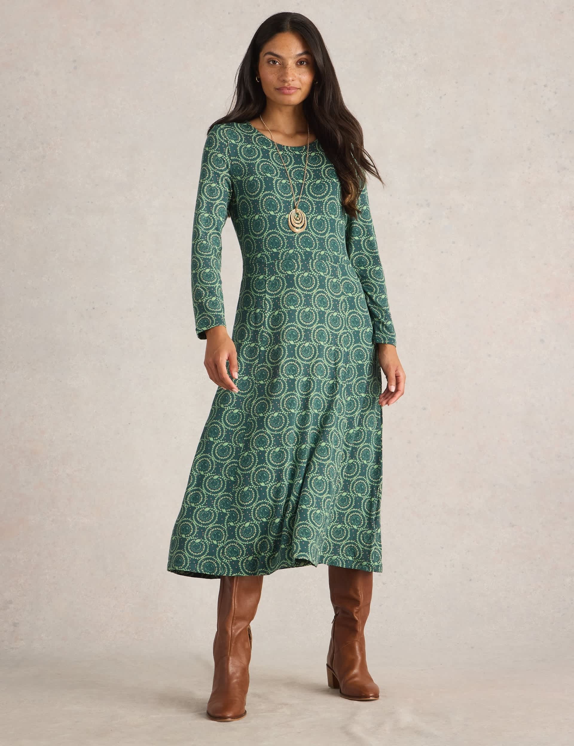 White Stuff Women's Jersey Printed Slash Neck Midi Tea Dress - 8REG - Teal Mix, Dark Navy Mix,Teal M