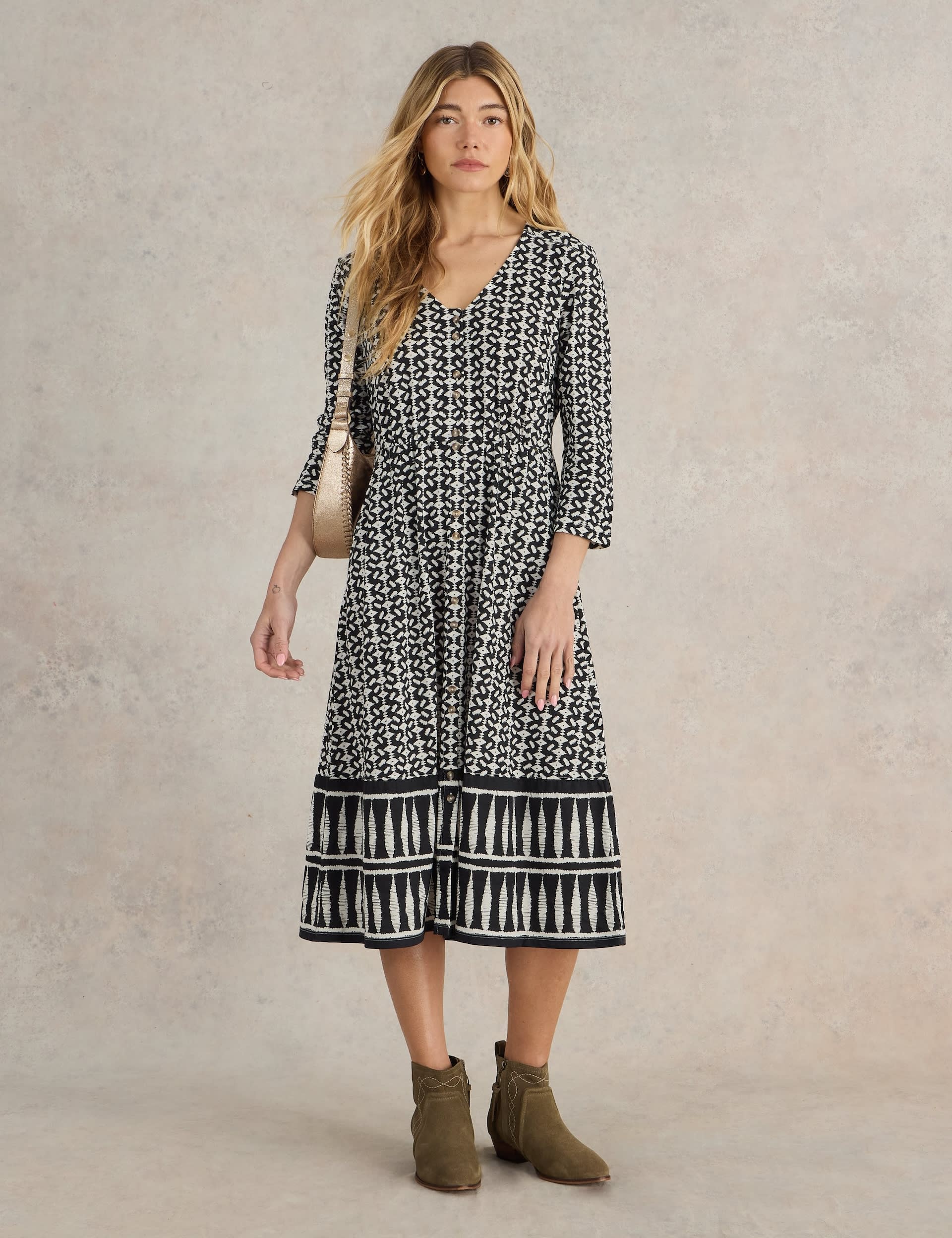 White Stuff Women's Cotton Blend V-Neck Midi Waisted Dress