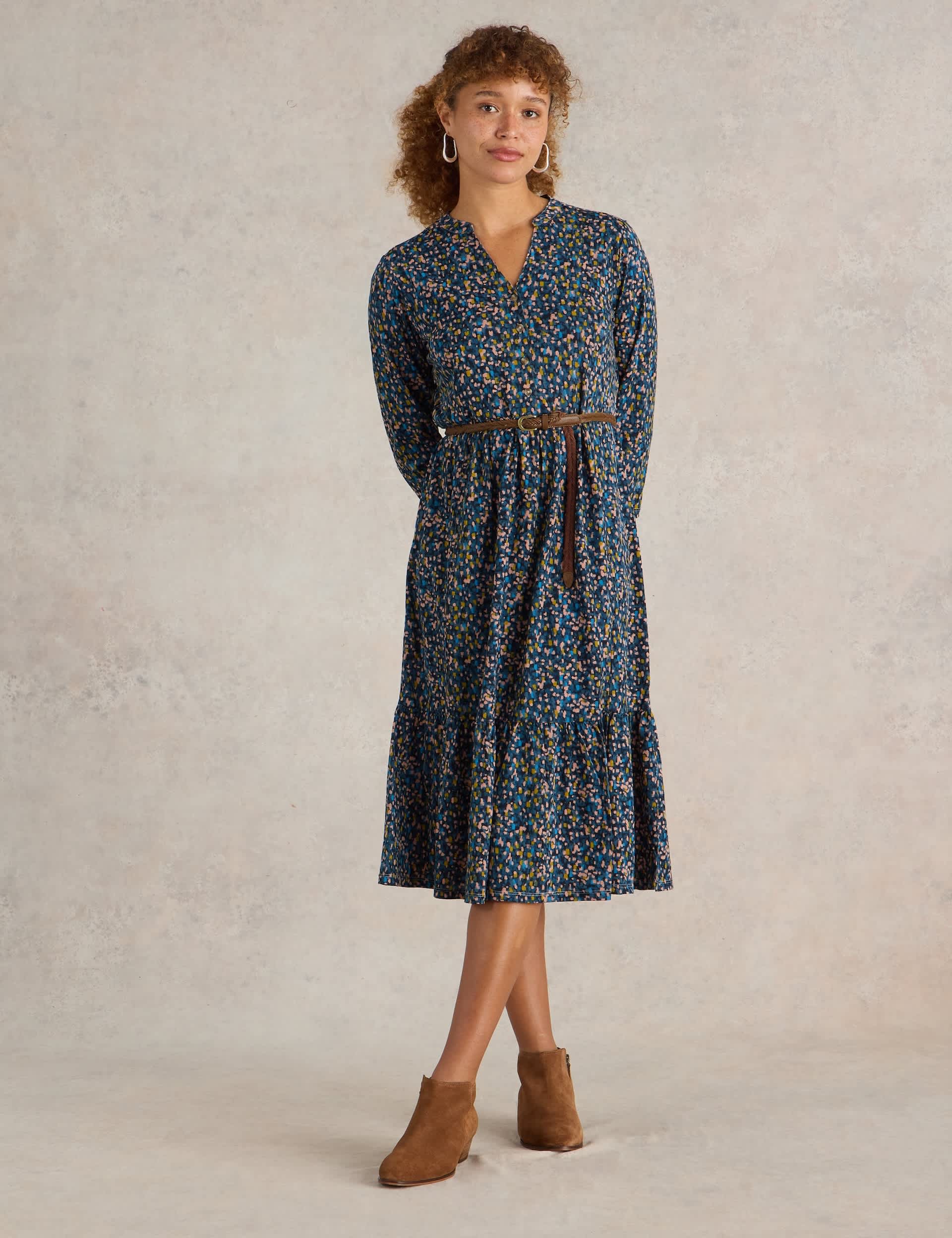 White Stuff Women's Jersey Printed Notch Neck Midi Dress - 12REG - Navy Mix, Navy Mix