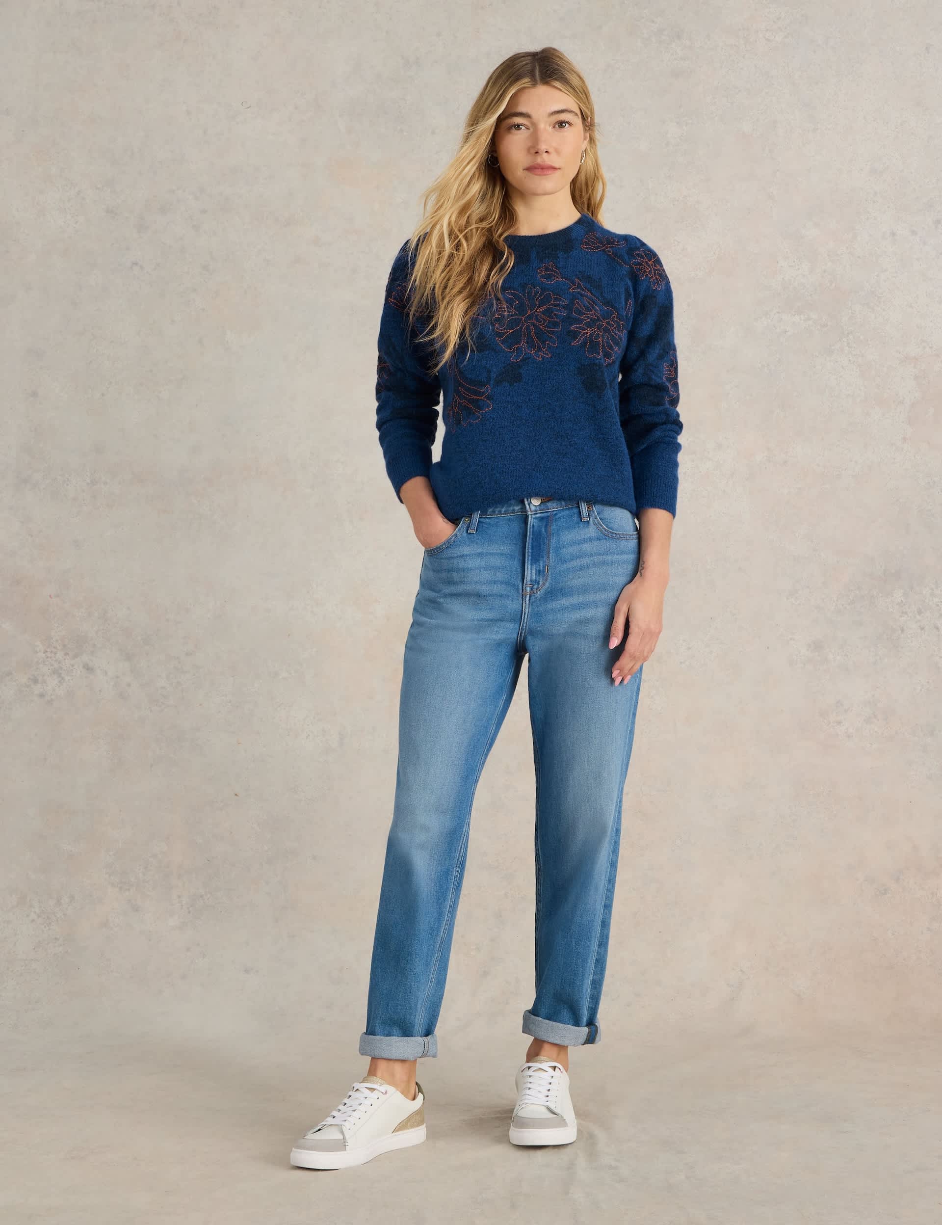 White Stuff Women's Wool Blend Embroidered Crew Neck Jumper - 12 - Blue, Blue