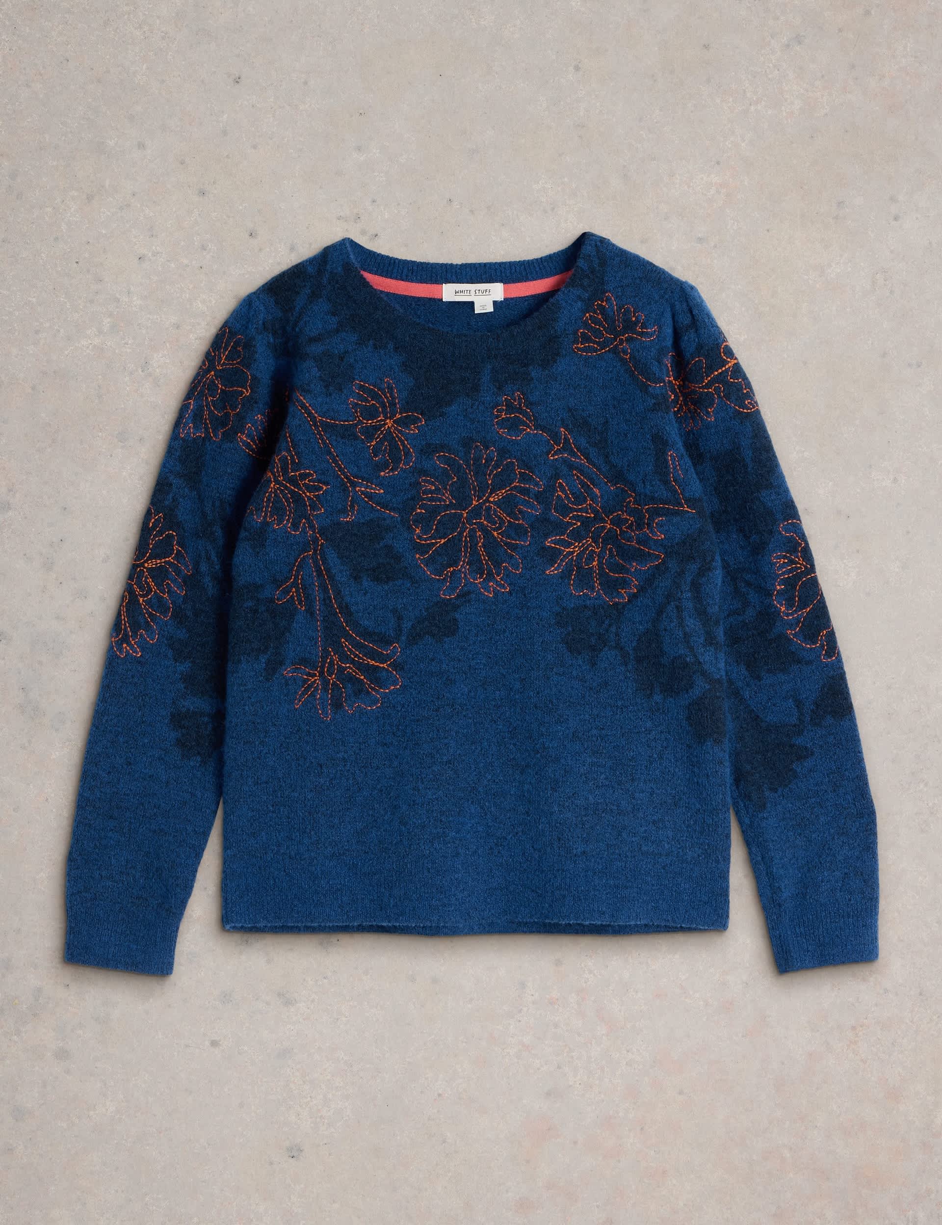 White Stuff Women's Wool Blend Embroidered Crew Neck Jumper - 14 - Blue, Blue