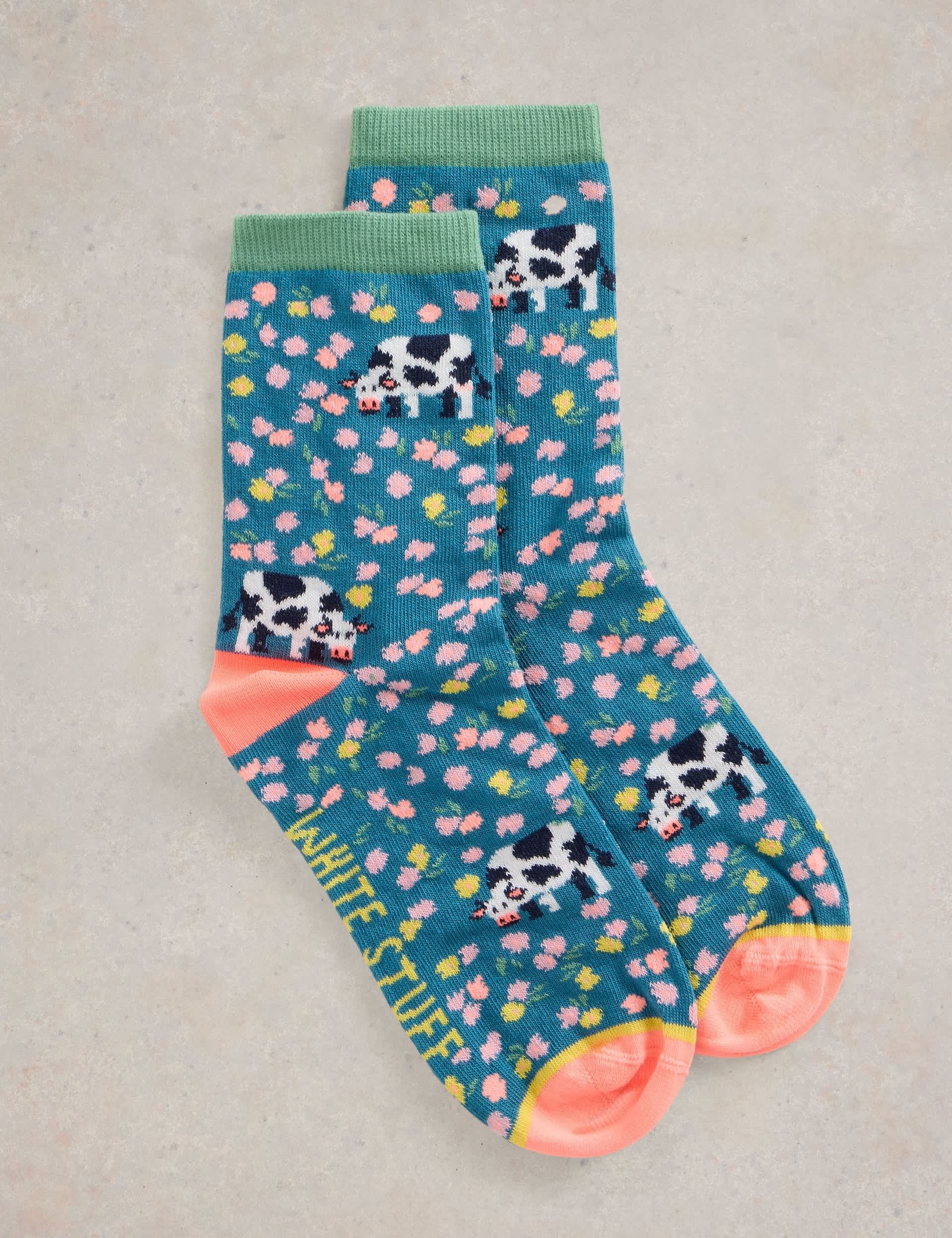 White Stuff Women's Cotton Rich Cow Floral Ankle High Socks - 3-5 - Teal Mix, Teal Mix