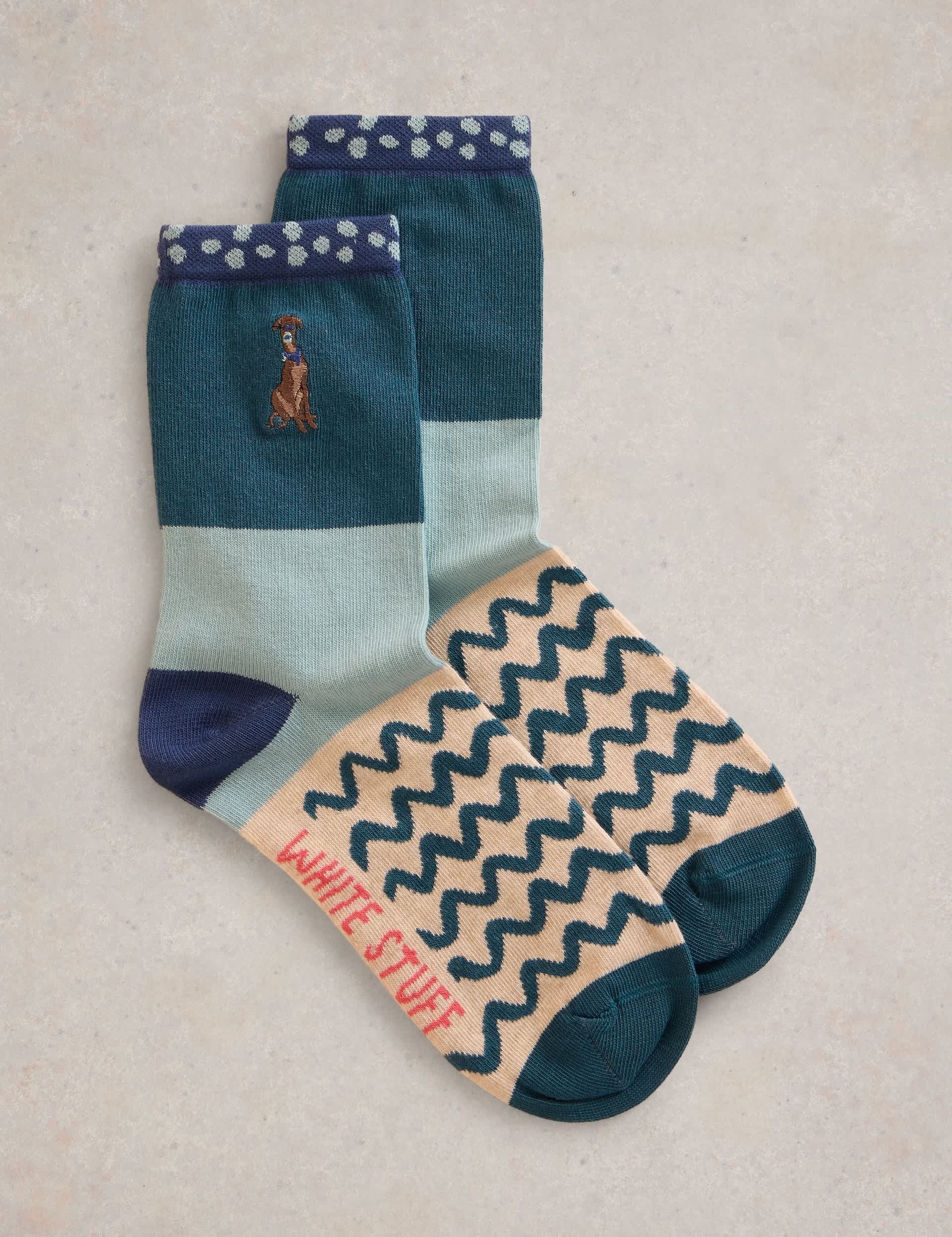 White Stuff Women's Cotton Rich Embroidered Dog Ankle High Socks - 6-8 - Teal Mix, Teal Mix