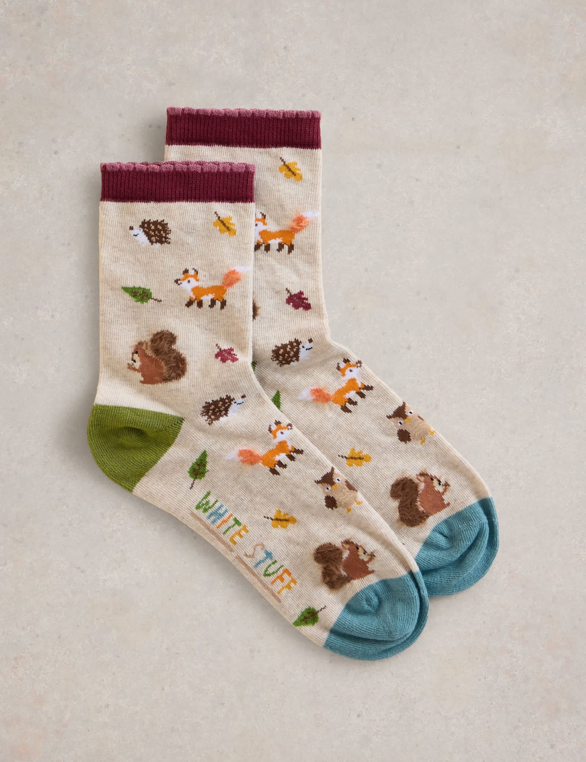 White Stuff Women's Cotton Rich Woodland Animal Ankle High Socks - 3-5 - Natural Mix, Natural Mix