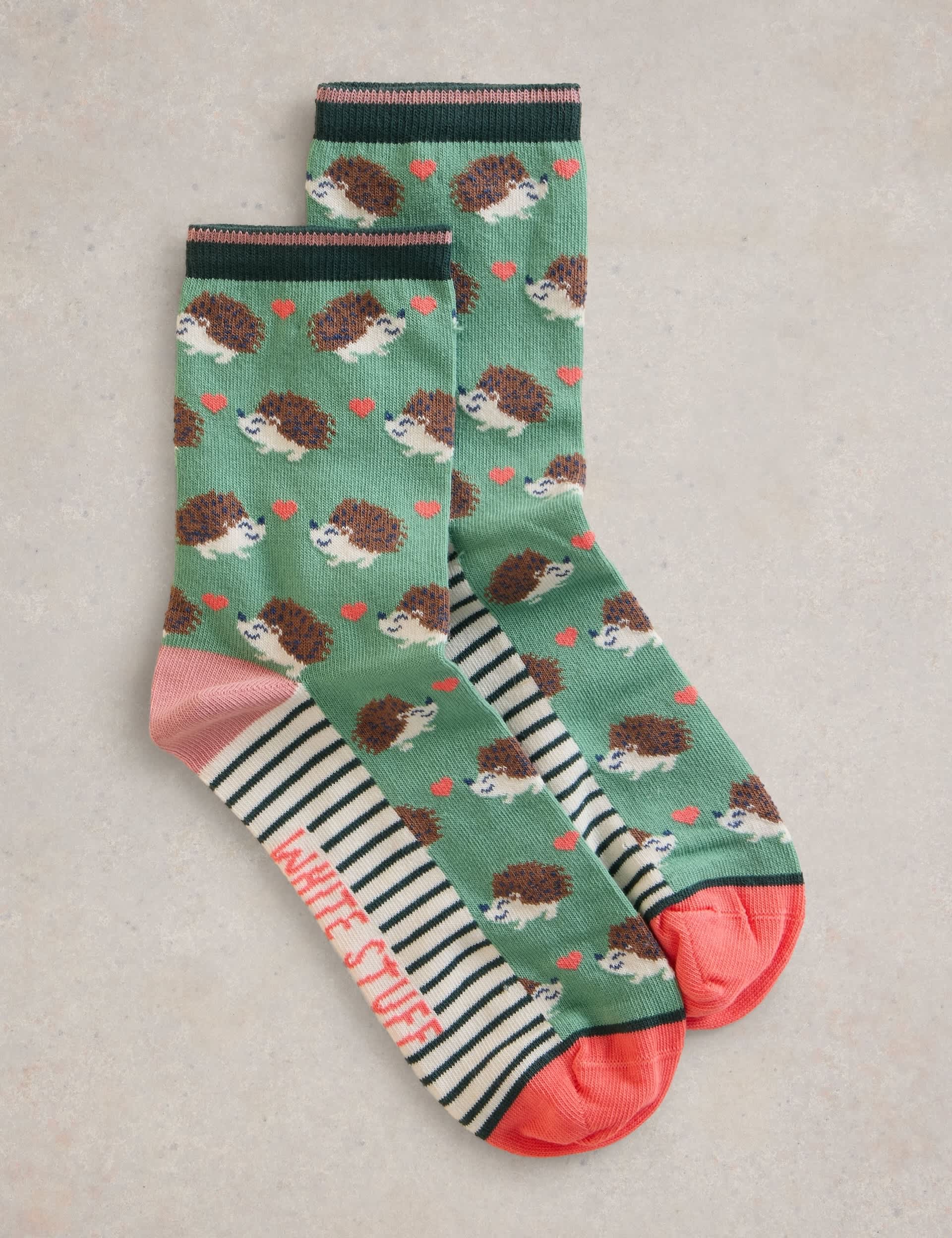 White Stuff Women's Cotton Rich Hedgehog Ankle High Socks - 3-5 - Green Mix, Green Mix