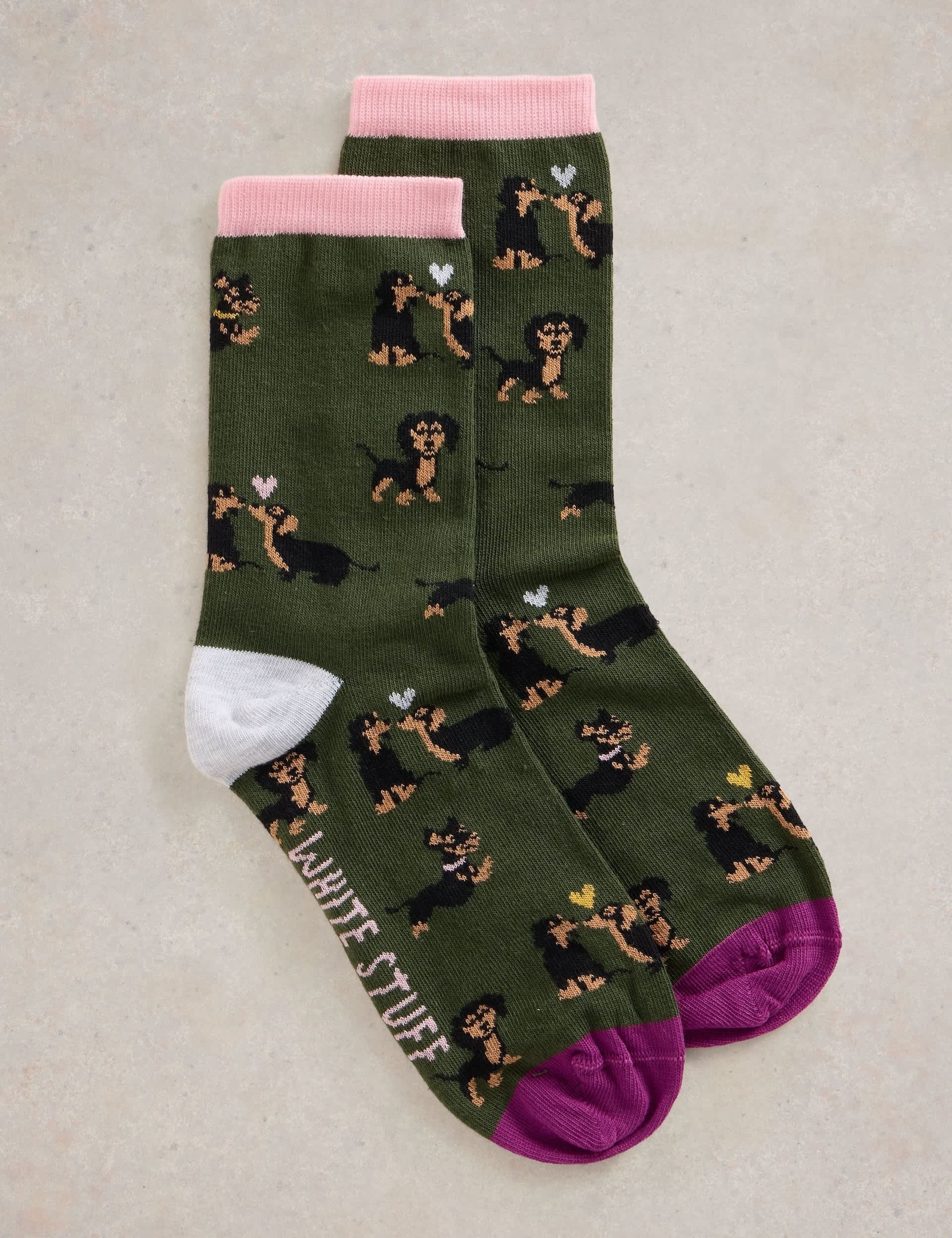 White Stuff Women's Cotton Rich Sausage Dog Ankle High Socks - 6-8 - Green Mix, Green Mix