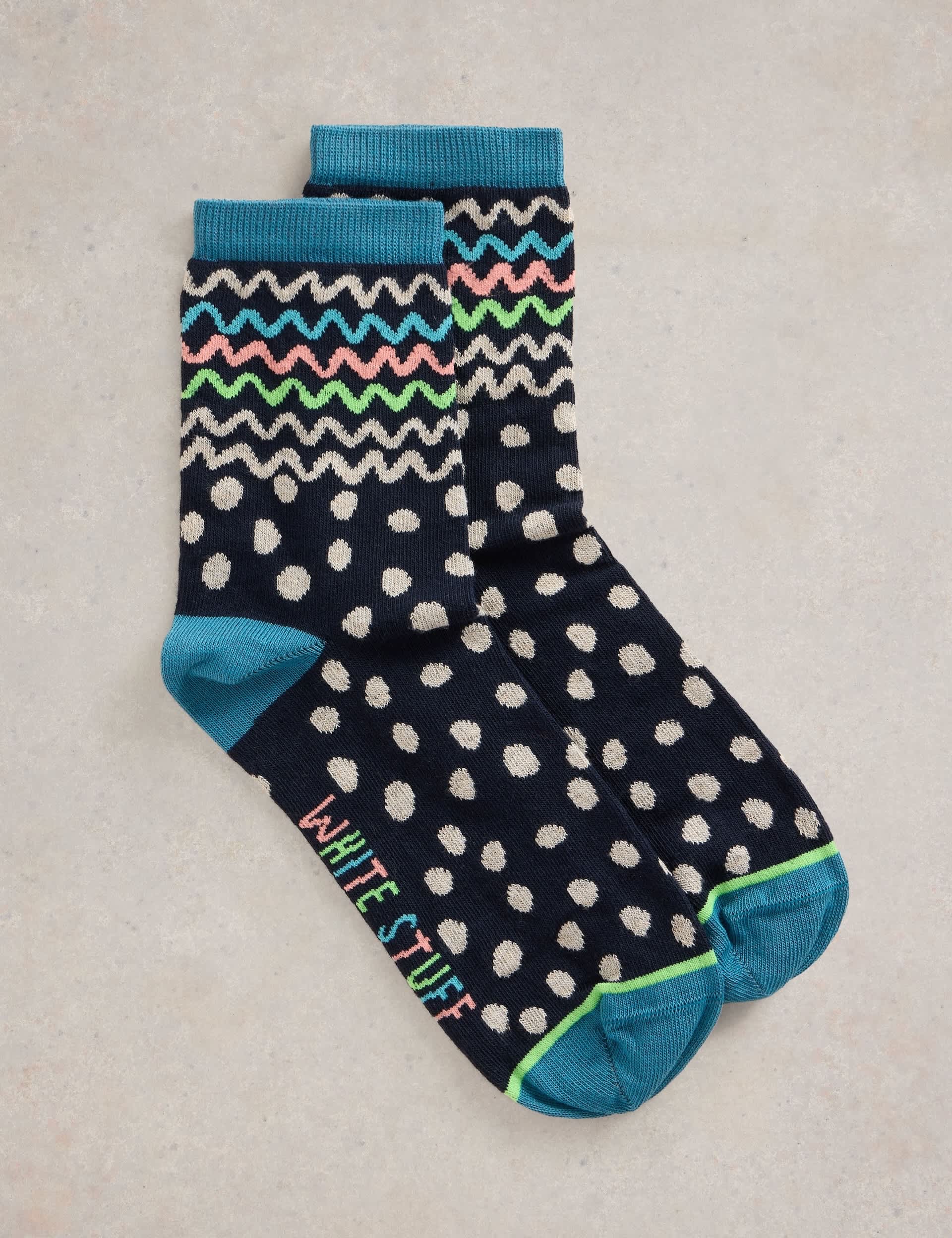 White Stuff Women's Cotton Rich Patterned Ankle High Socks - 3-5 - Navy Mix, Navy Mix