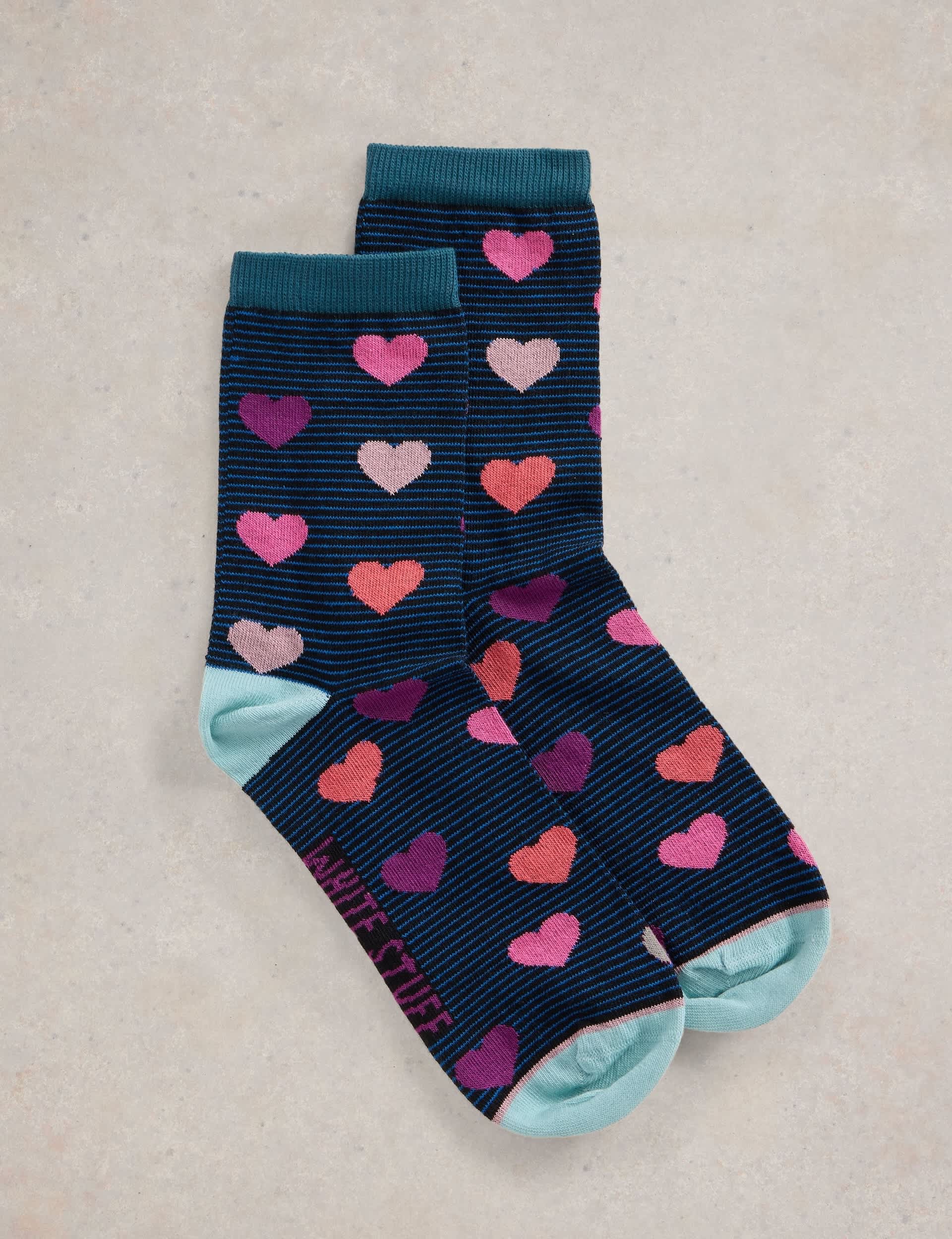 White Stuff Women's Cotton Rich Striped Heart Ankle High Socks - 6-8 - Teal Mix, Teal Mix